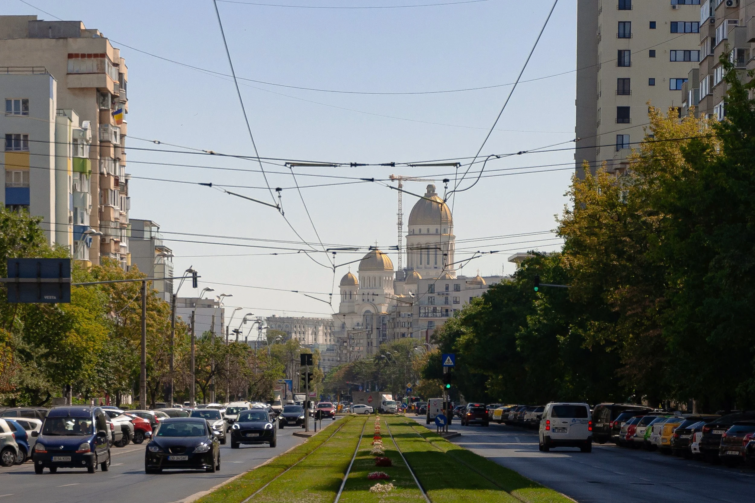 Catedrala Mantuirii Neamului's construction site, with House of Parliament (Casa Poporului) in the background, from Calea 13 Septembrie Bucharest