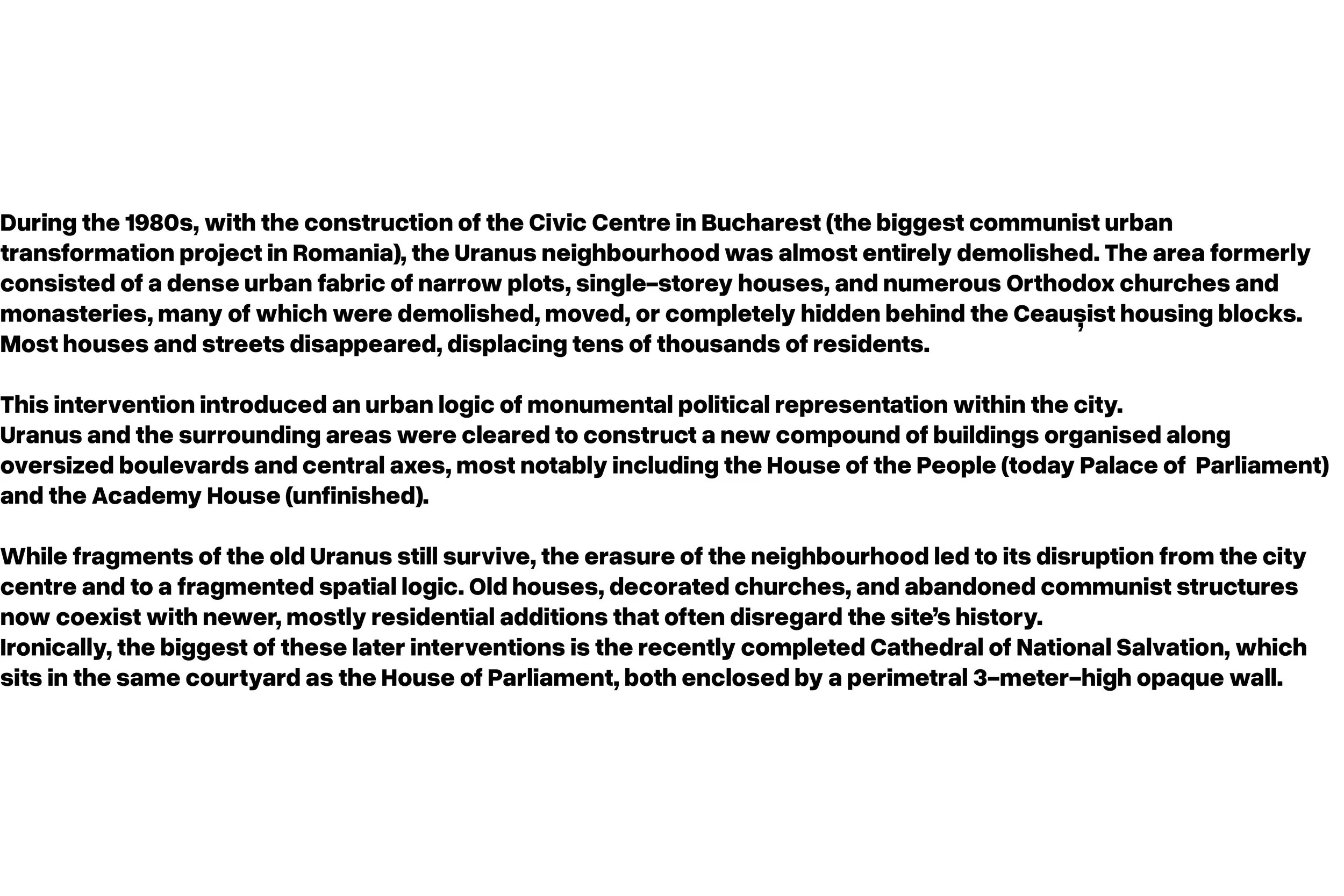 Text discussing the demolition and redevelopment of the Uranus neighborhood in Bucharest during the 1980s, including the construction of the Civic Centre and the Cathedral of National Salvation.