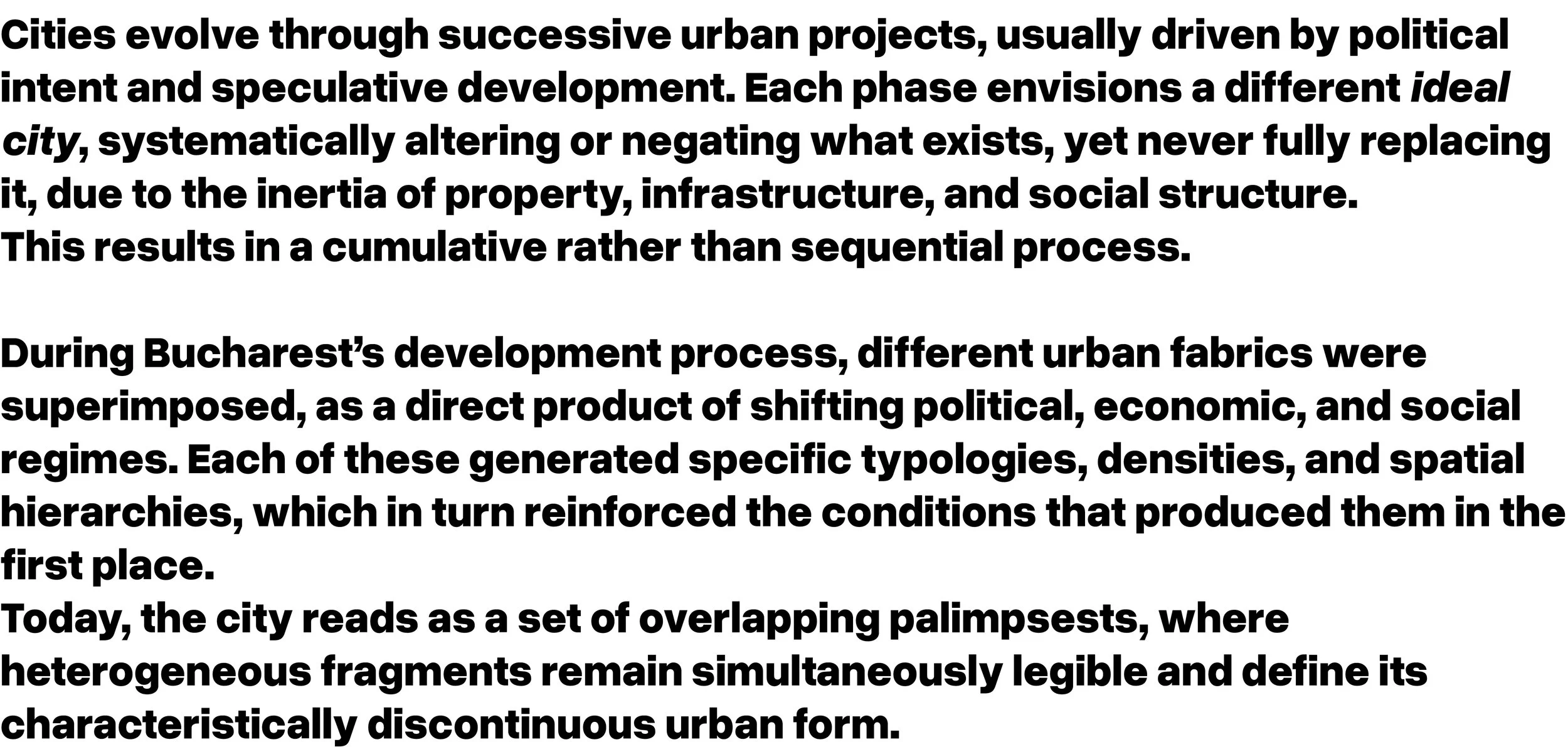 Text discussing urban development, city evolution, and the overlay of different urban fabrics in Bucharest.
