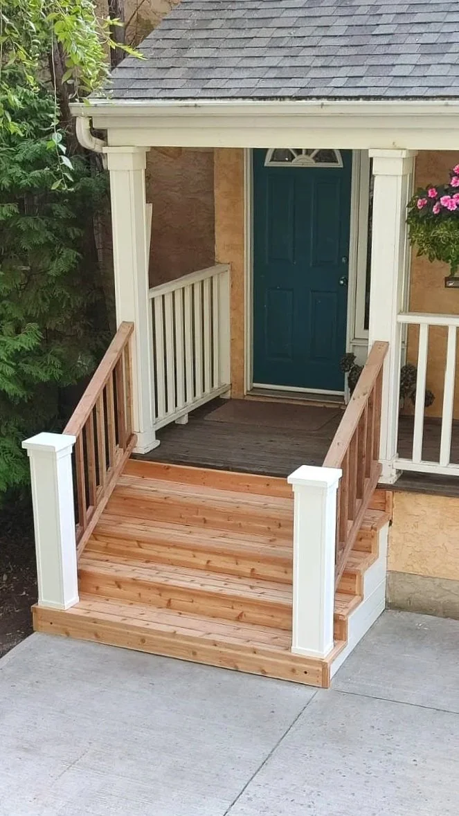 Wooden stairs, preassure treated wood, entrance porch, wooden railings