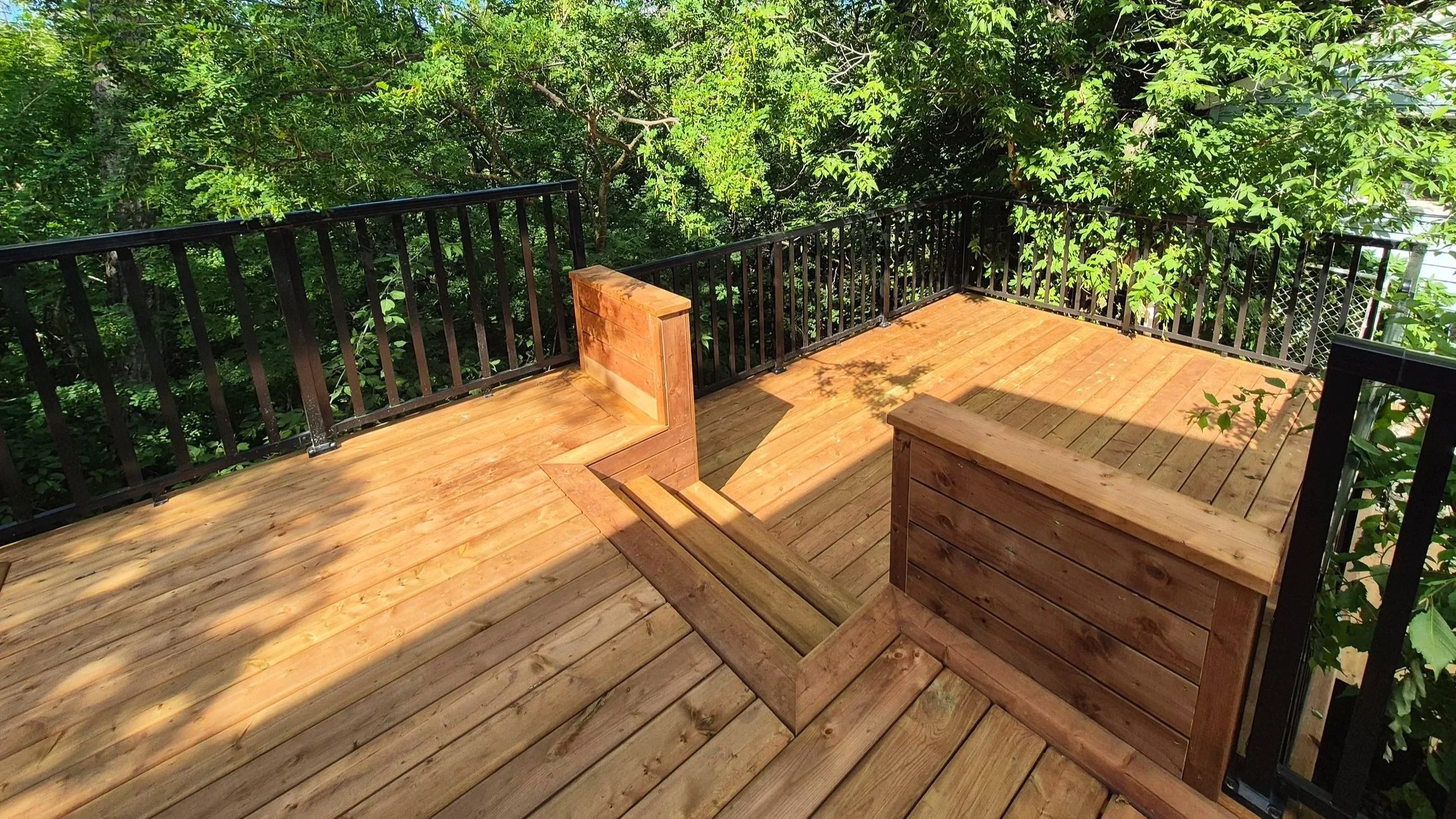Custom wooden deck, wooden stairs, railing, preassure treated lumber, decking 