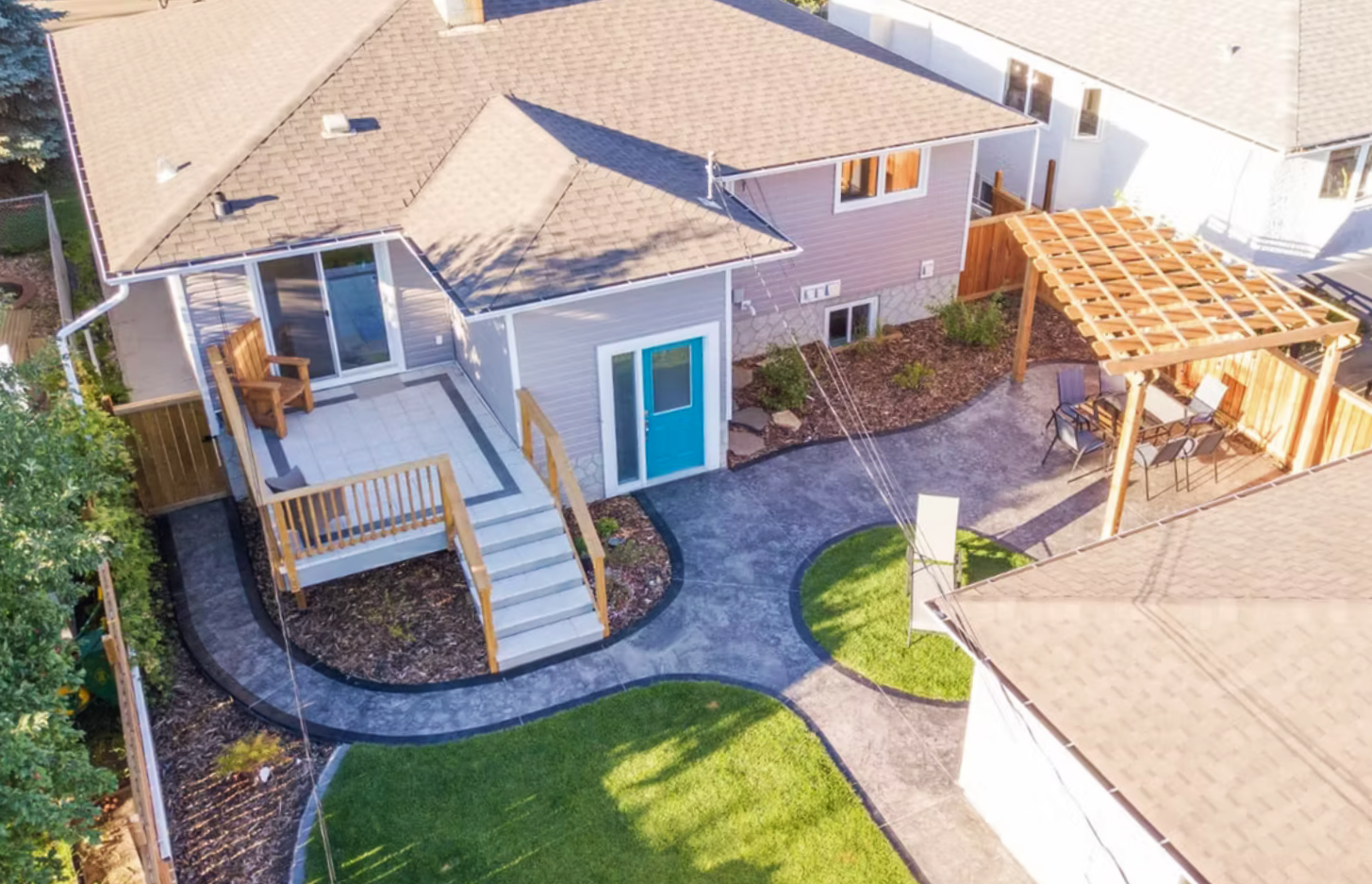 Yard landscaping, SOD, paving stones, pavers, patio, wooden pergola