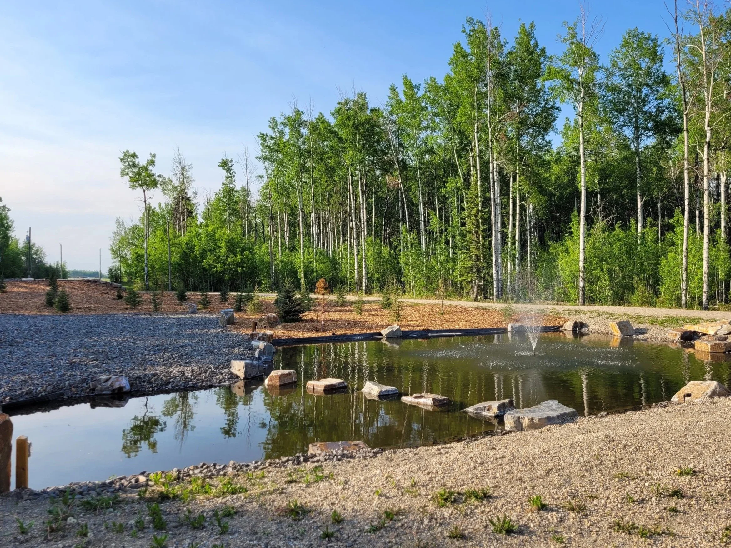 Custom artificial pond with decorative stones, water feature, fountain, landscaping
