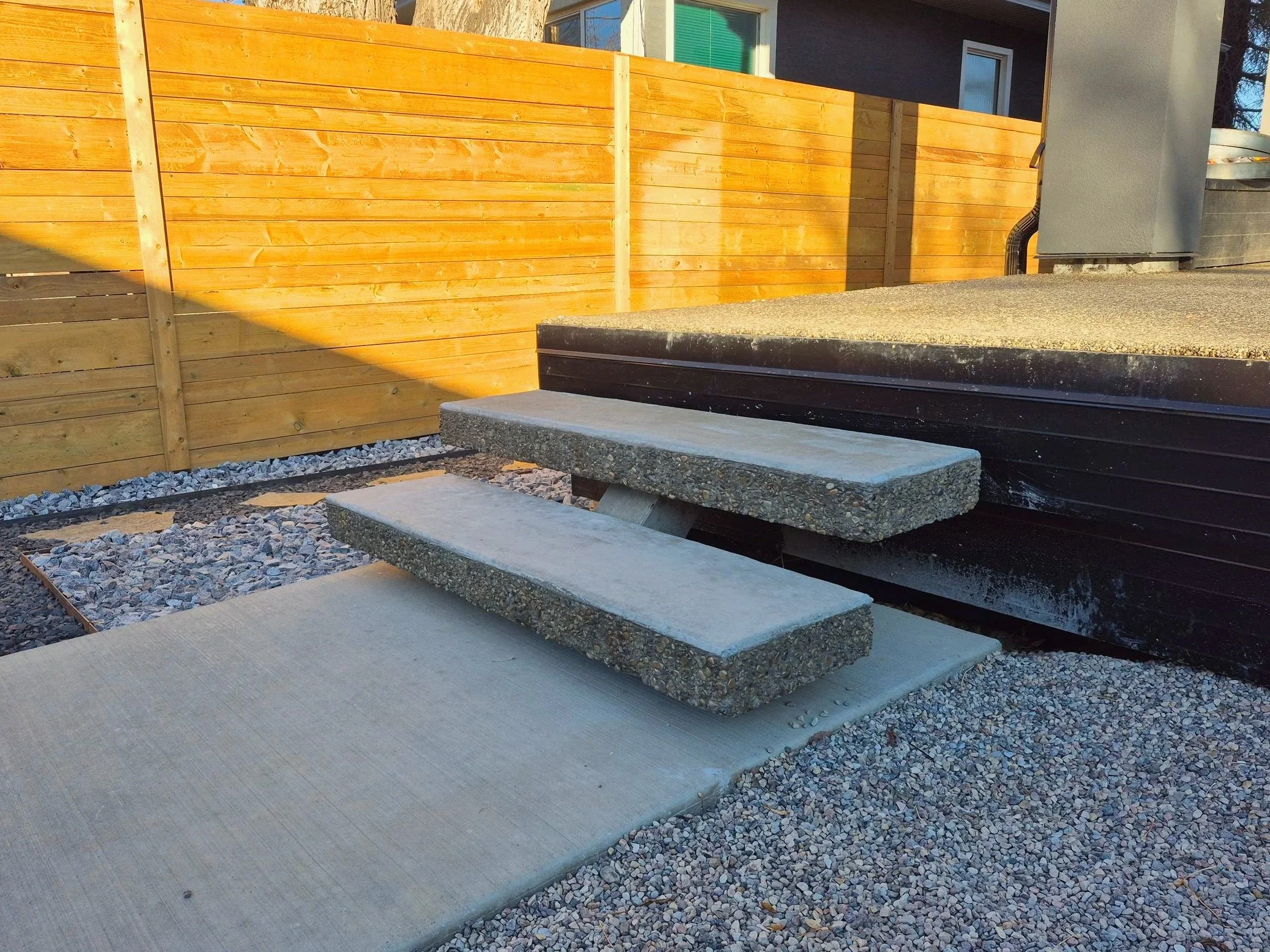 Concrete walkway, concrete pad, concrete slab, broom finish, concrete patio, concrete stairs