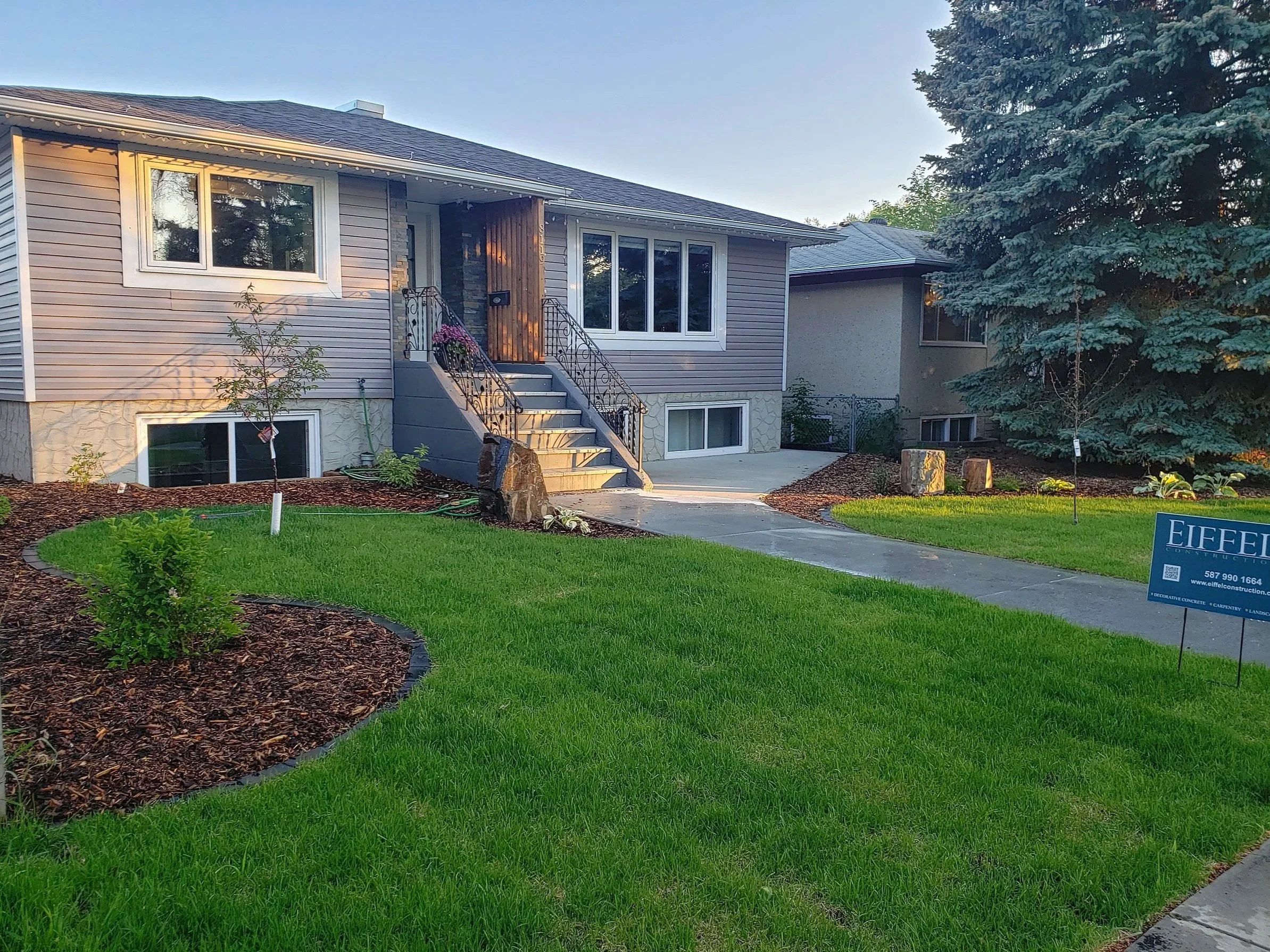 Exterior renovation, landscaping design, SOD installation, bark, 