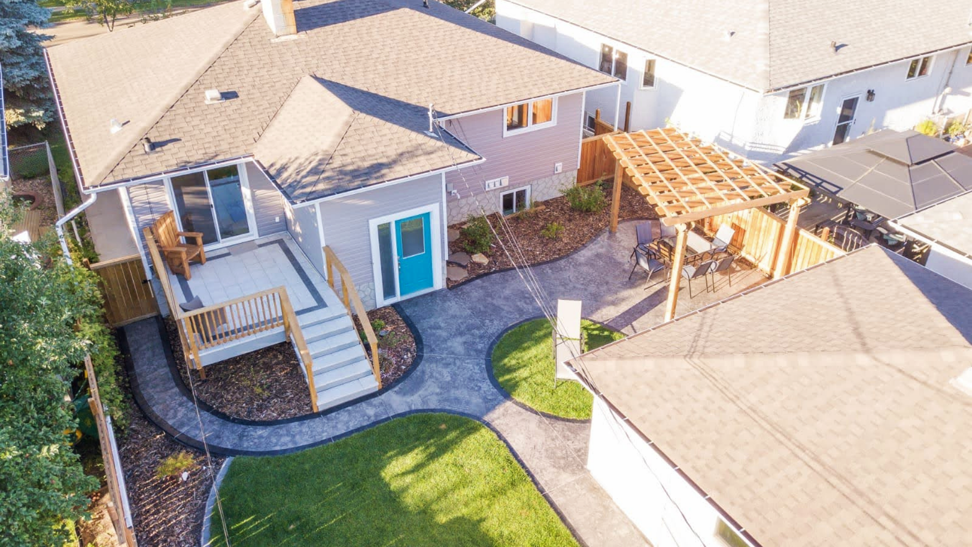 Exterior renovation, landscaping design, SOD installation, bark, 
