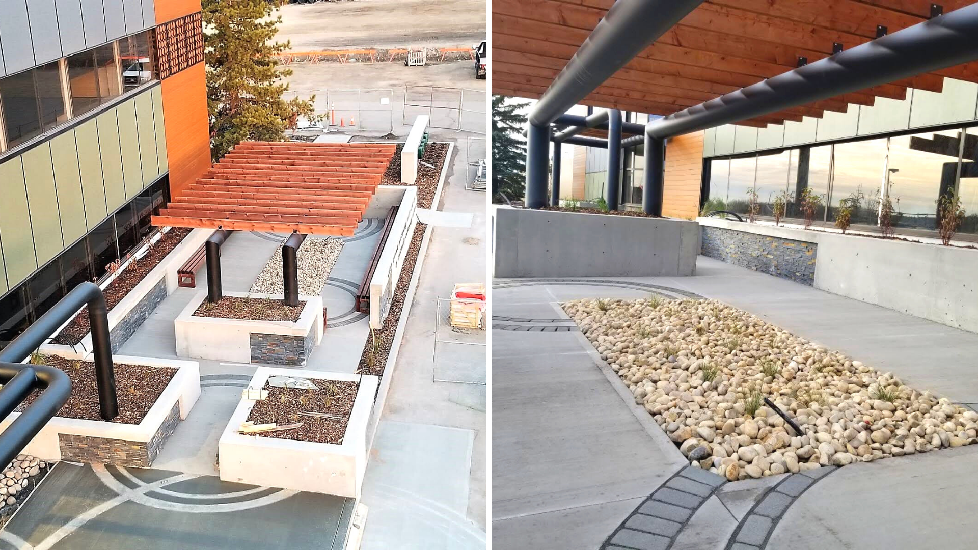 Custom concrete pavements with paver decoration, wooden pergola, landscaping