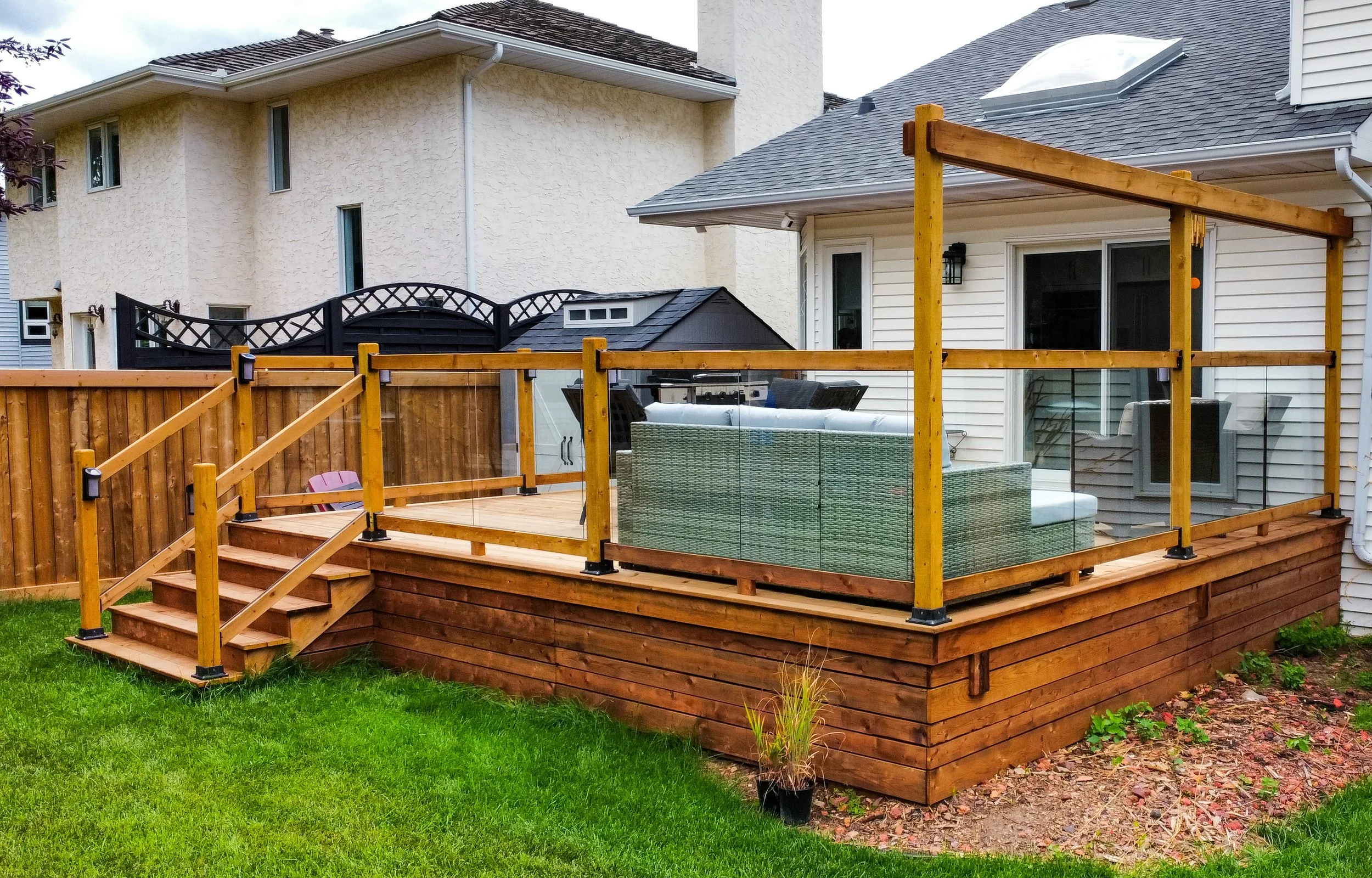 Wooden deck, preassure treated lumber, wooden railing, wooden stairs, wooden decking, composite decking
