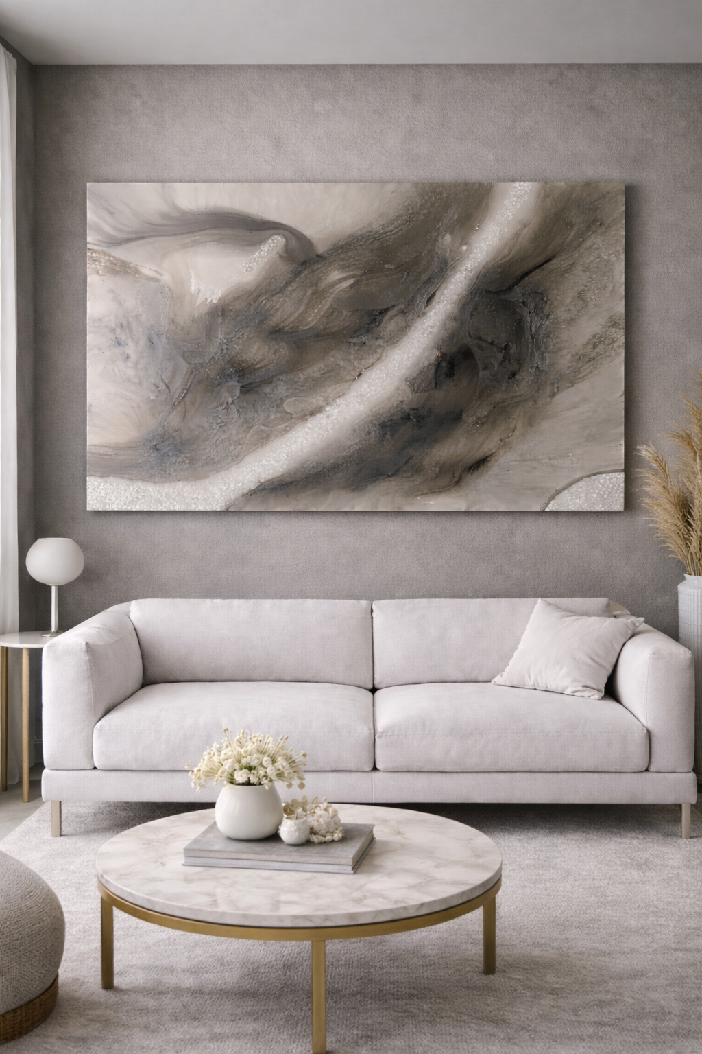 Large custom contemporary wall art. Dark gray, light gray and ivory tones.