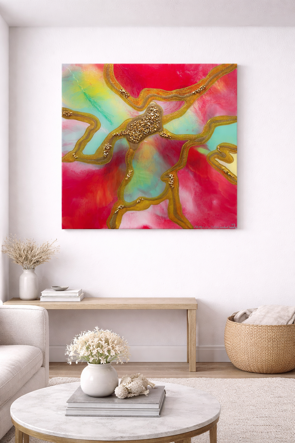 Colorful abstract painting on a white wall in a modern living room.