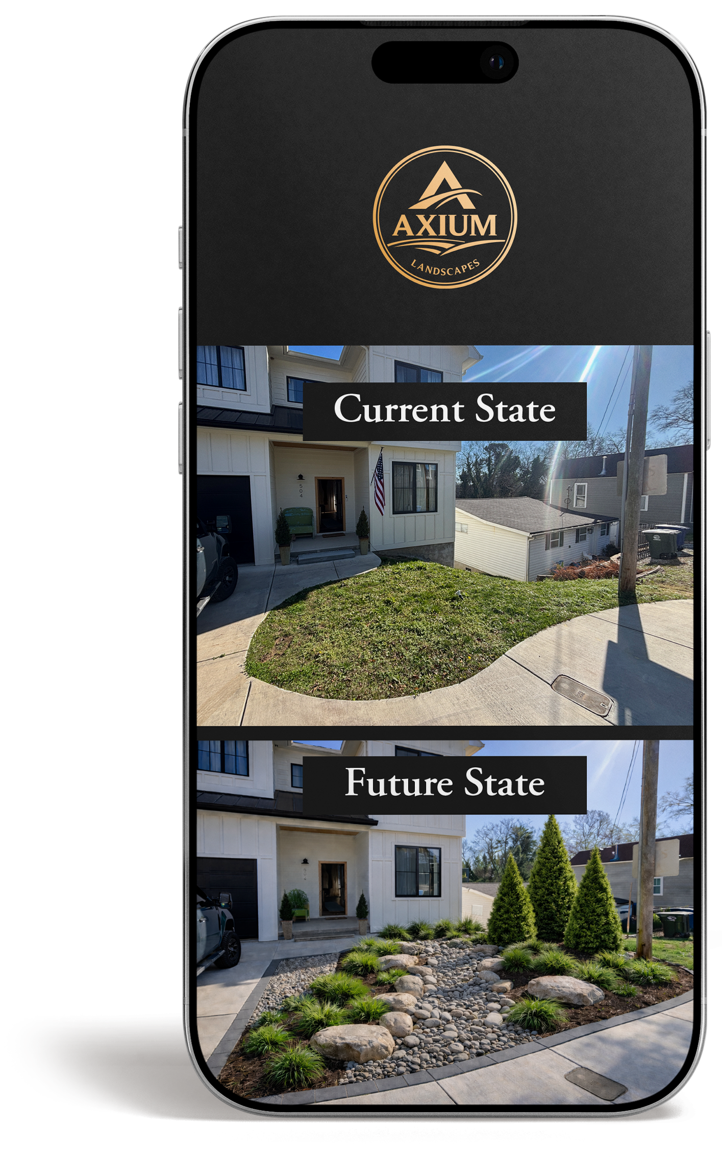 Comparison of a house landscaping project showing the current state of the yard with grass and minimal plants, and the future state with landscaped yard featuring rocks and shrubs using AI