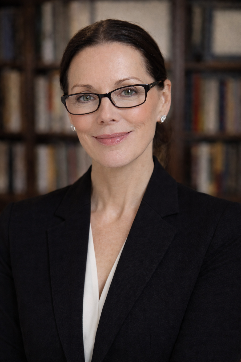 A professional woman with dark hair, glasses, and pearl earrings, wearing a black blazer and smiling, standing in front of a bookshelf filled with books.