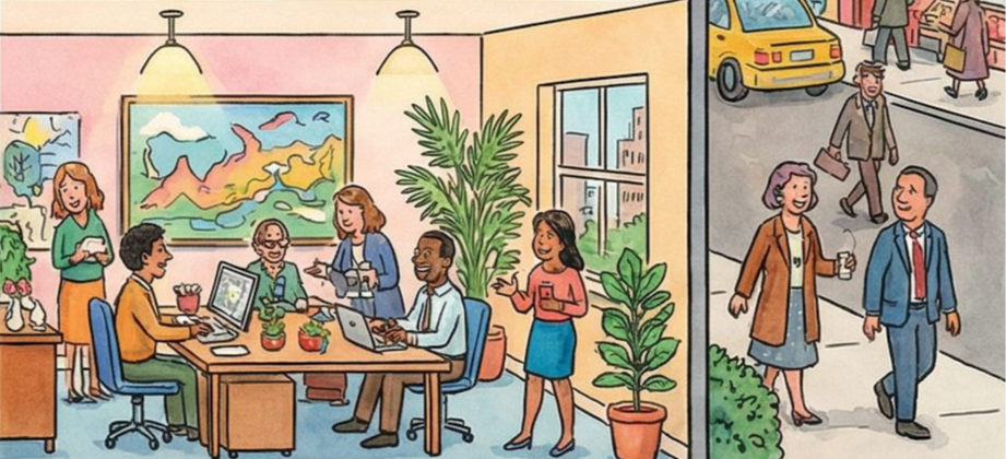 A diverse group of professionals working in a bright office, discussing and smiling at their laptops, with some standing and talking, while outside the office, two people walk on the sidewalk near a yellow taxi.