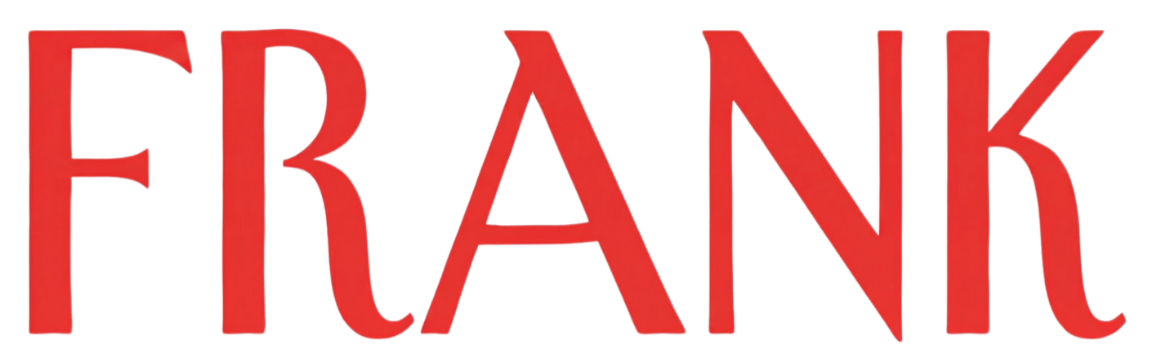 The word 'FRANK' written in large, bold red letters, with a 3D effect.