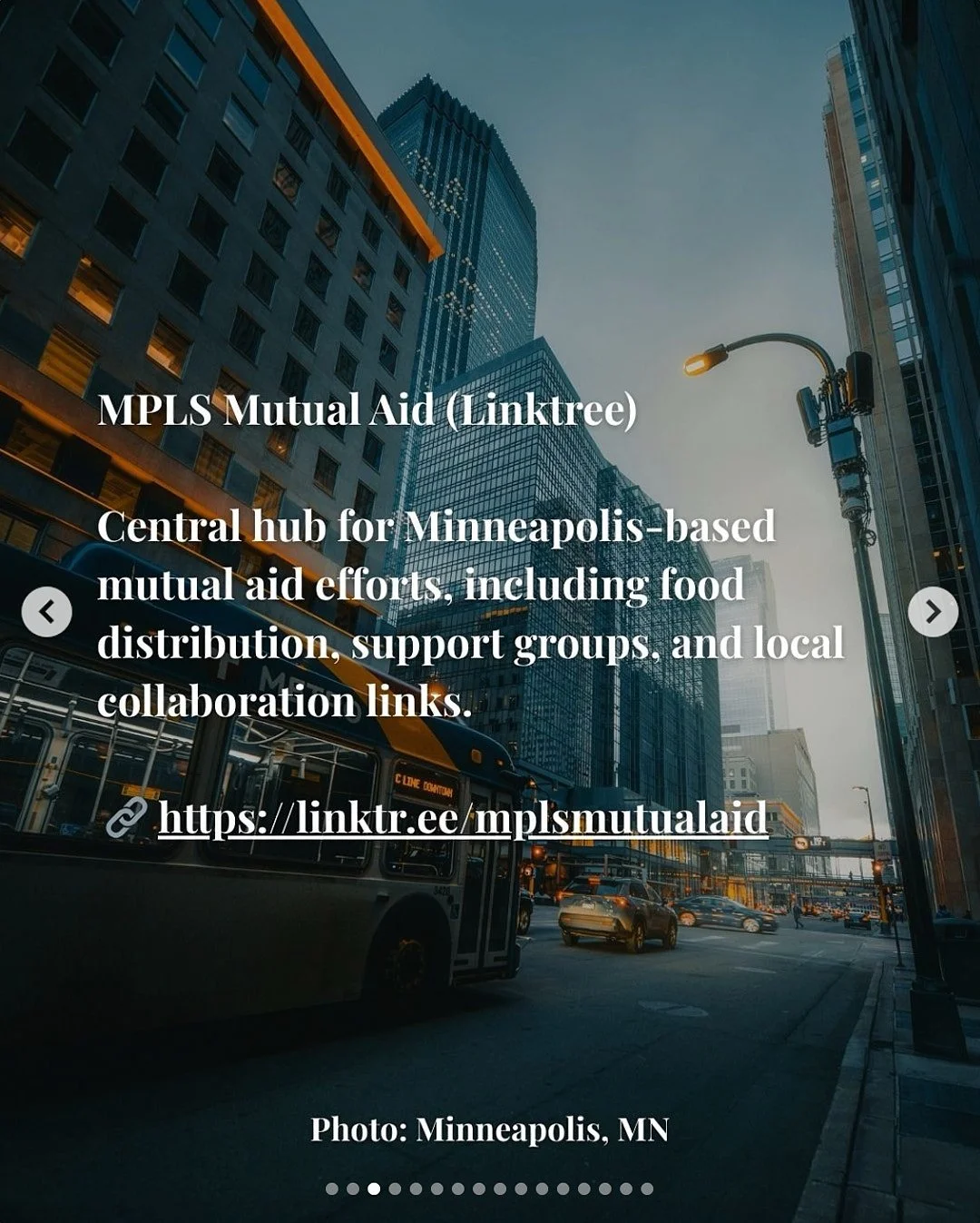 Alt Text: MPLS Mutual Aid (Linktree): Central hub for Minneapolis-based mutual aid efforts, including food distribution, support groups, and local collaboration links 