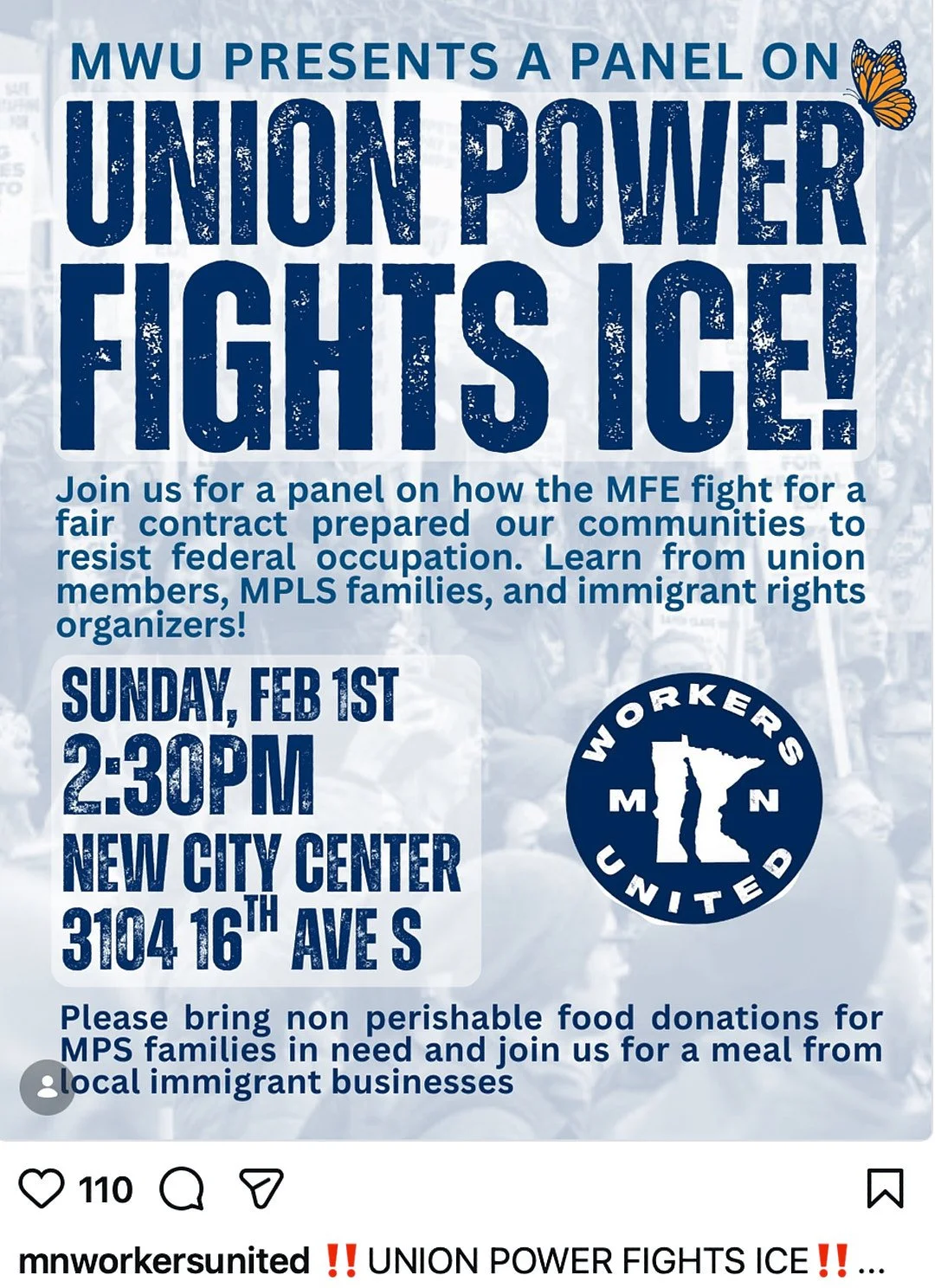 MWU Presents a panel on Union Power Fights ICE.  Join us for a panel on how the MFE fight for a fair contract prepared our communities to resist federal occupation.  Learn from union members, MPLS families, and immigrant rights organizers!  Sunday, F