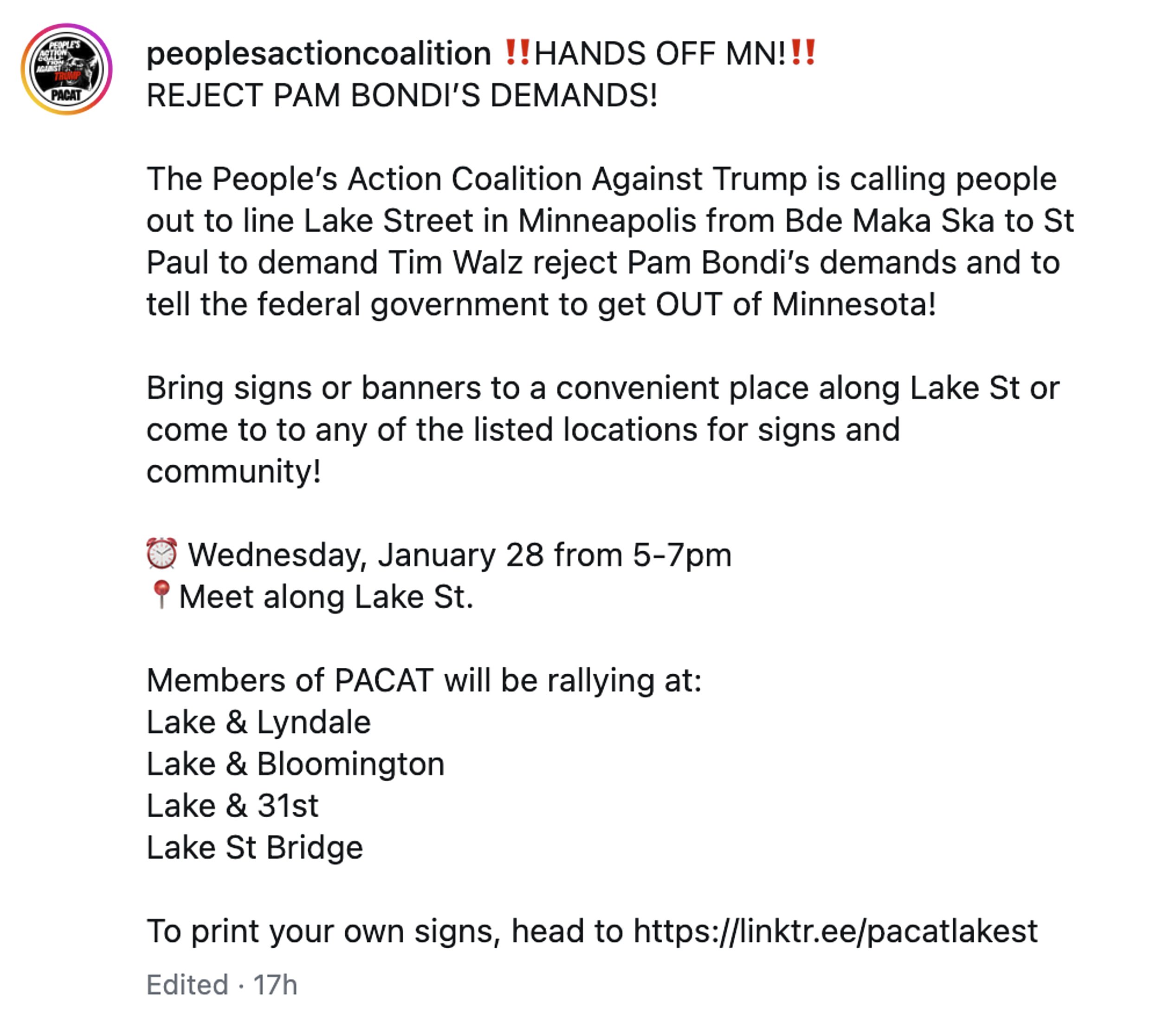 Bring signs or banners to a convenient place along Lake Street.  Come to any of the listed locations for signs and community!  Wednesday, January 28th from 5-7pm. Meet along Lake St.  Members of PACAT will be rallying at Lake & Lyndale, Lake & Bloomi