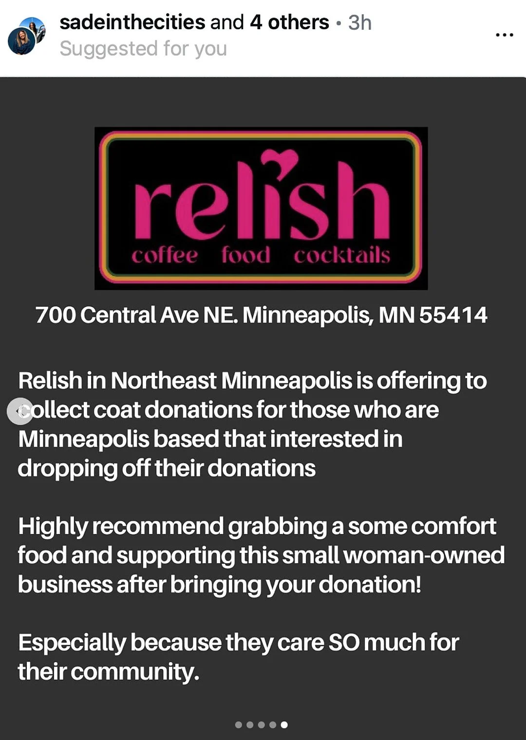 Alt Text: Relish in Northeast Minneapolis is offering to collect coat donations for those who are Minneapolis based that are interested in dropping off their donations.  Highly recommend grabbing some comfort food and supporting this small woman-owne