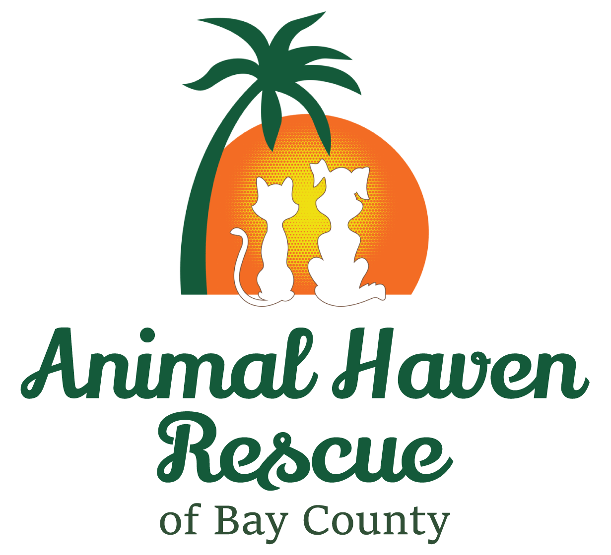 Logo for Animal Haven Rescue of Bay County showing two white cats sitting in front of an orange sunset with a green palm tree, with the text 'Animal Haven Rescue of Bay County'.
