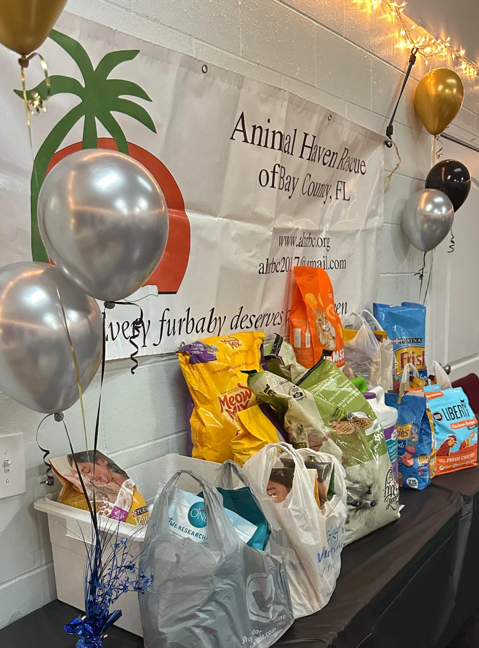 Collection of pet food and supplies on a table with balloons and a banner for Animal Haven Rescue of Bay County, FL.