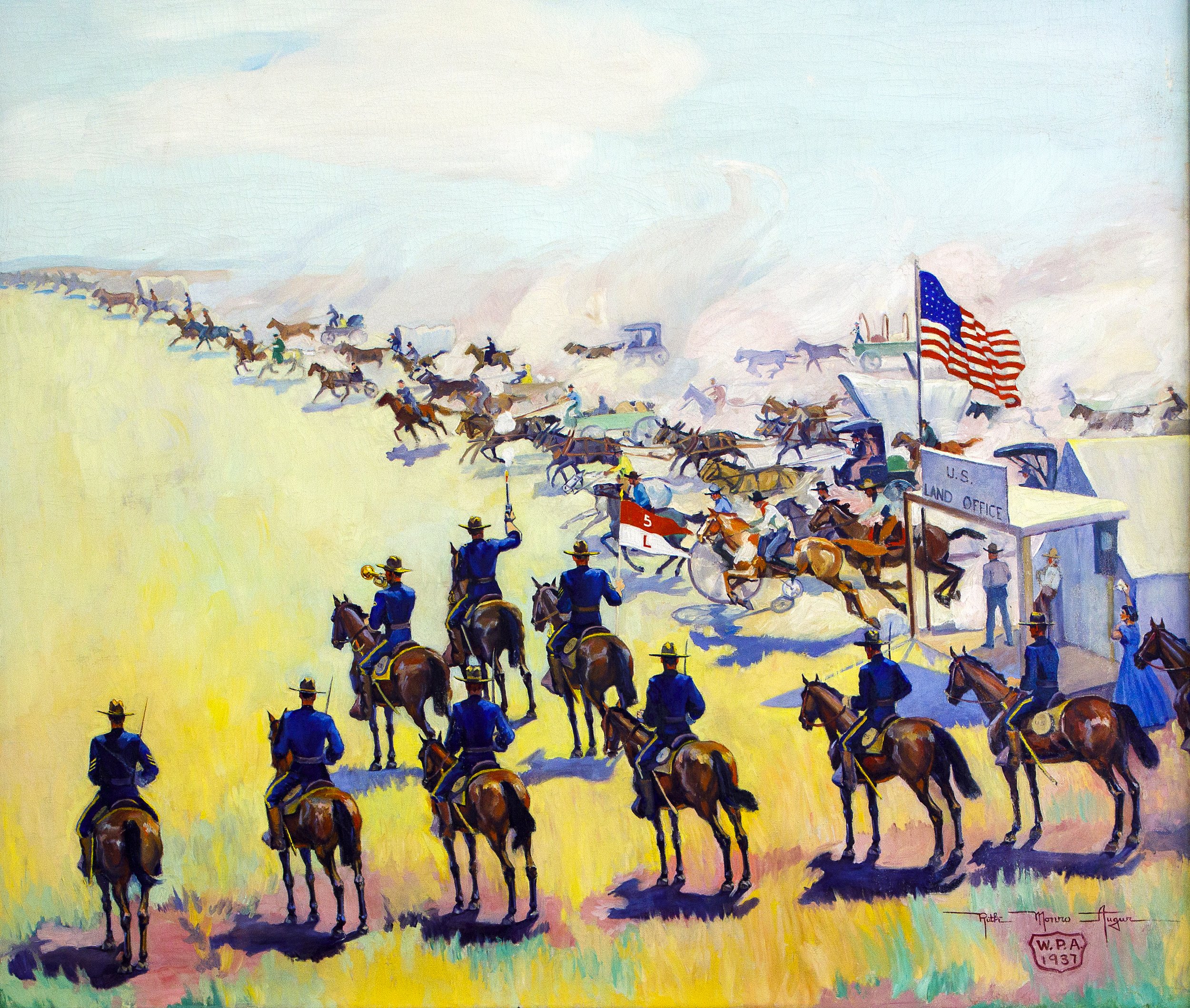 A colorful painting of a horse race starting at a U.S. Land Office with riders on horses launching from the gate, and mounted officials in the foreground signaling the start. An American flag flies high.