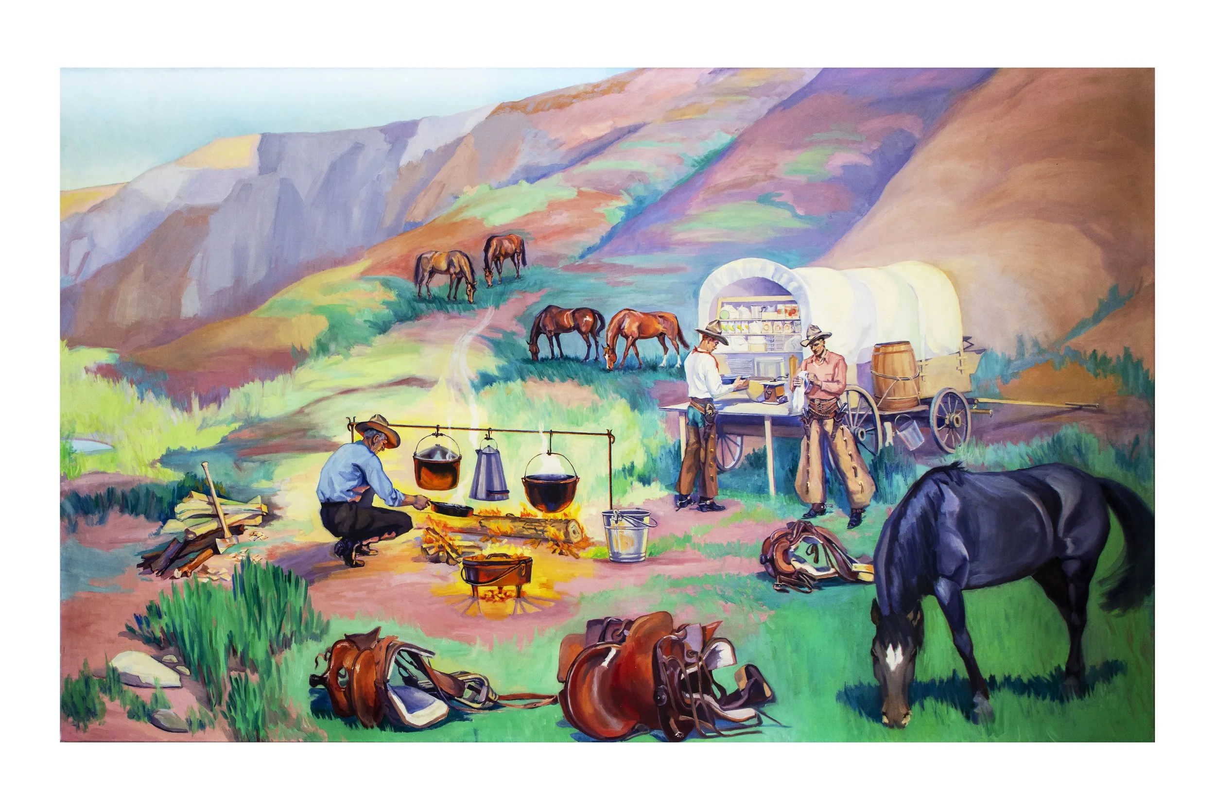 A Ruth Monro Augur  painting depicting a cowboy scene with a covered wagon, horses grazing in the mountains, cowboys preparing coffee over a campfire, and a man tending to a campfire, all set in a vibrant outdoor landscape.