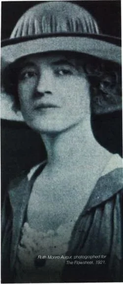Black and white photograph of Ruth Monroe Aupper, taken in 1921, showing her wearing a large brimmed hat and a dress with a V-neckline.