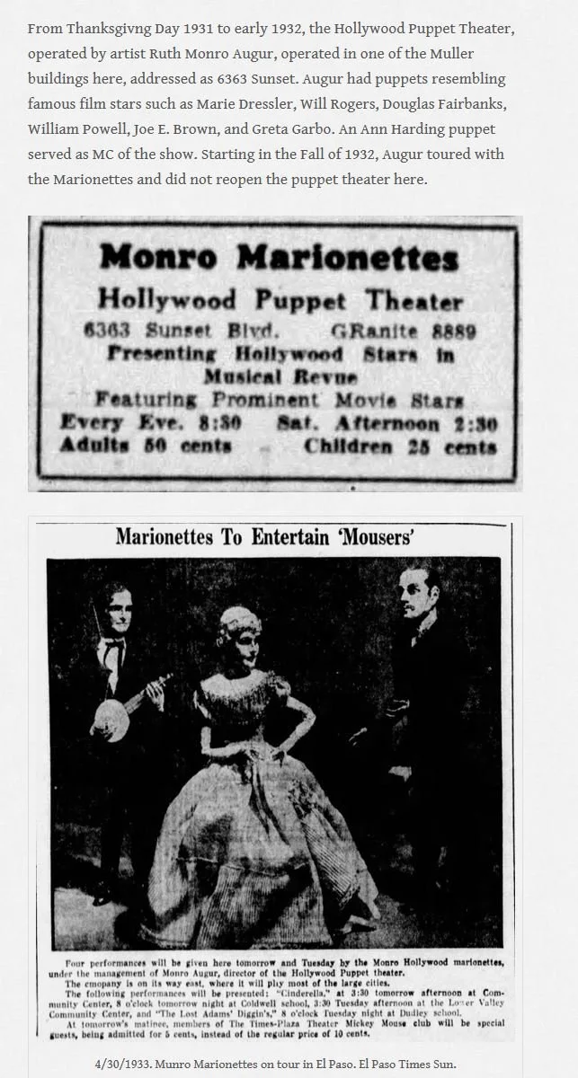 A black-and-white newspaper clipping from April 30, 1933, featuring an advertisement for the Monro Marionettes Hollywood Puppet Theater at 6363 Sunset Blvd. It mentions performances of Hollywood stars in musical revues and showcases a photo of three marionettes, including a woman in a ball gown flanked by two male marionettes.