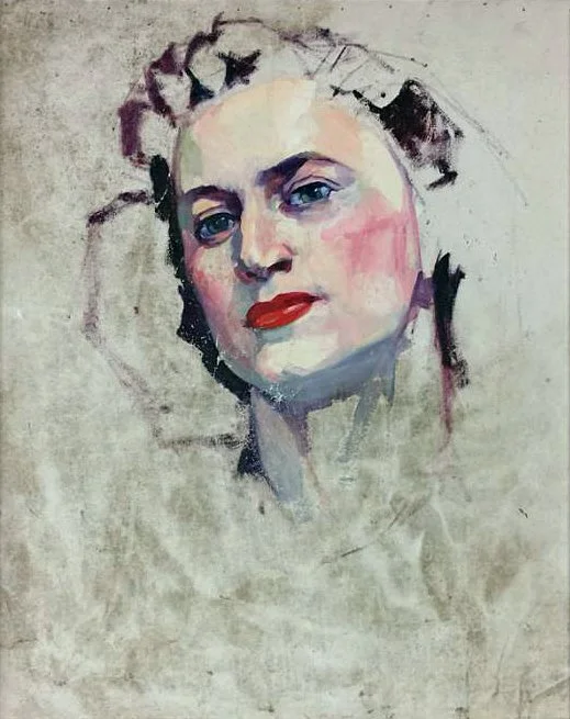 A watercolor portrait of Ruth Monro Augur with blue eyes, red lips, and dark hair, partially sketched with some areas unfinished.
