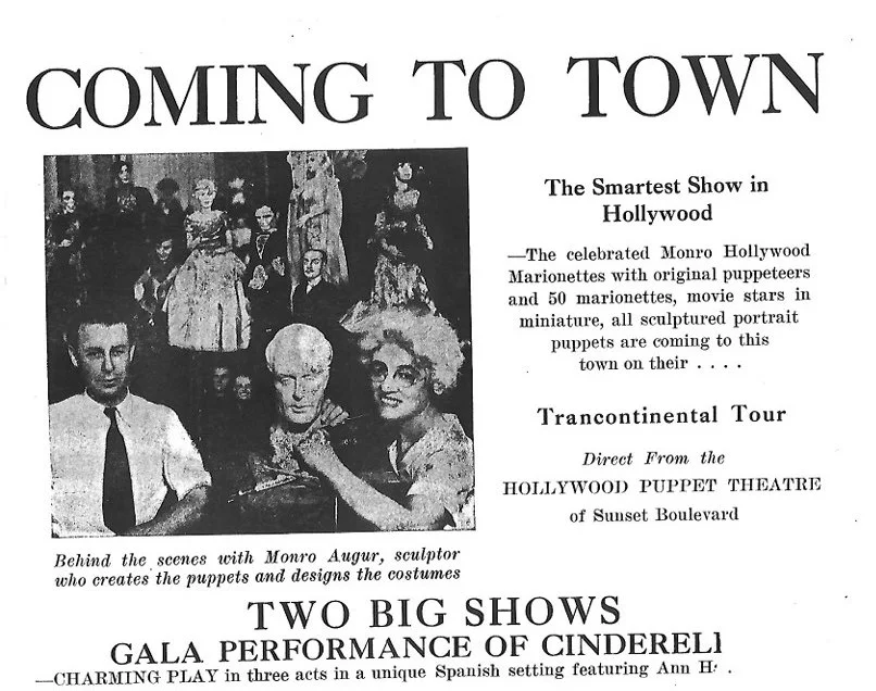 Black and white flyer for a Hollywood puppet show and Cinderella performance, featuring a photo of behind-the-scenes with puppeteer Monro Augar and dancers in costumes.