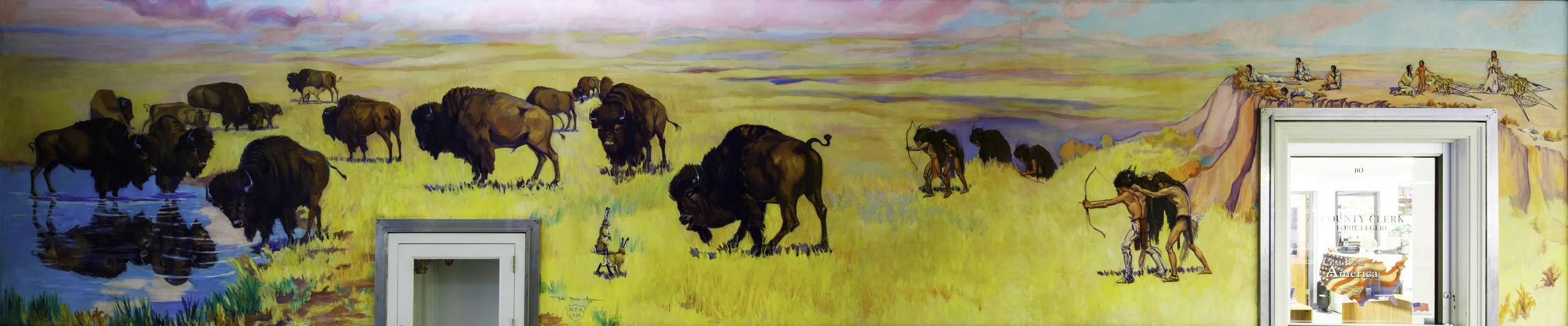 Colorful mural depicting bison and Native American hunters with bows on a yellow grassland, with a blue water stream on the left and a pink sky background.  Ruth Monro Augur WPA artwork.