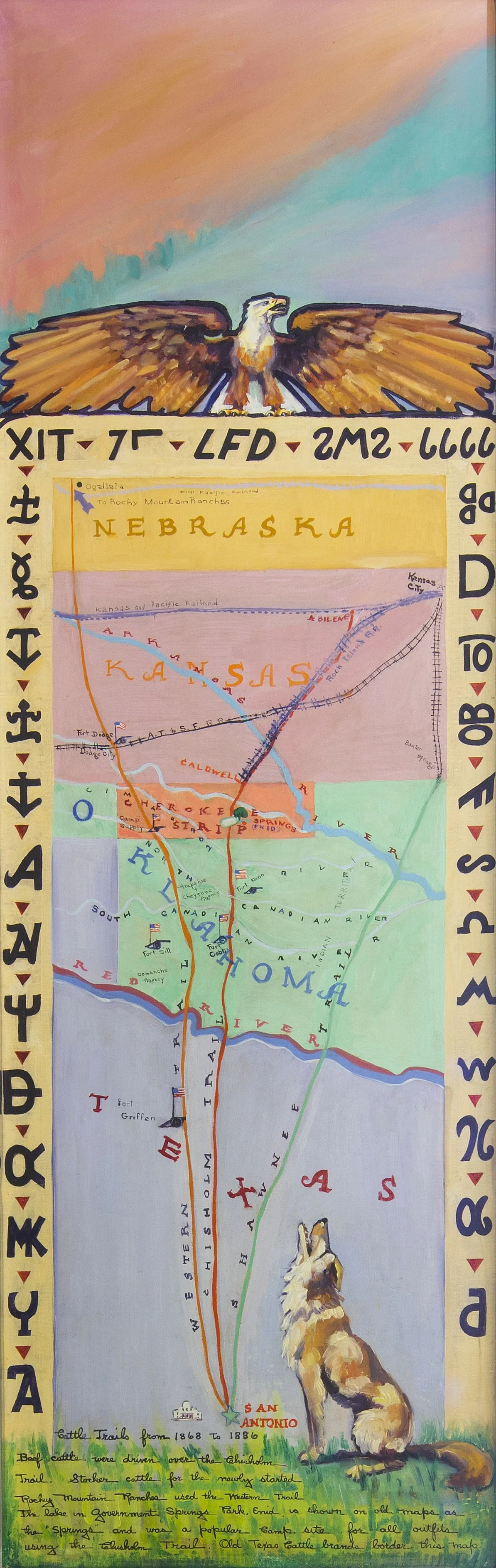 A painted map of Nebraska with an eagle at the top and a wolf at the bottom. The map highlights historical routes and locations, with colorful labels and flags, and includes a caption about trail history.