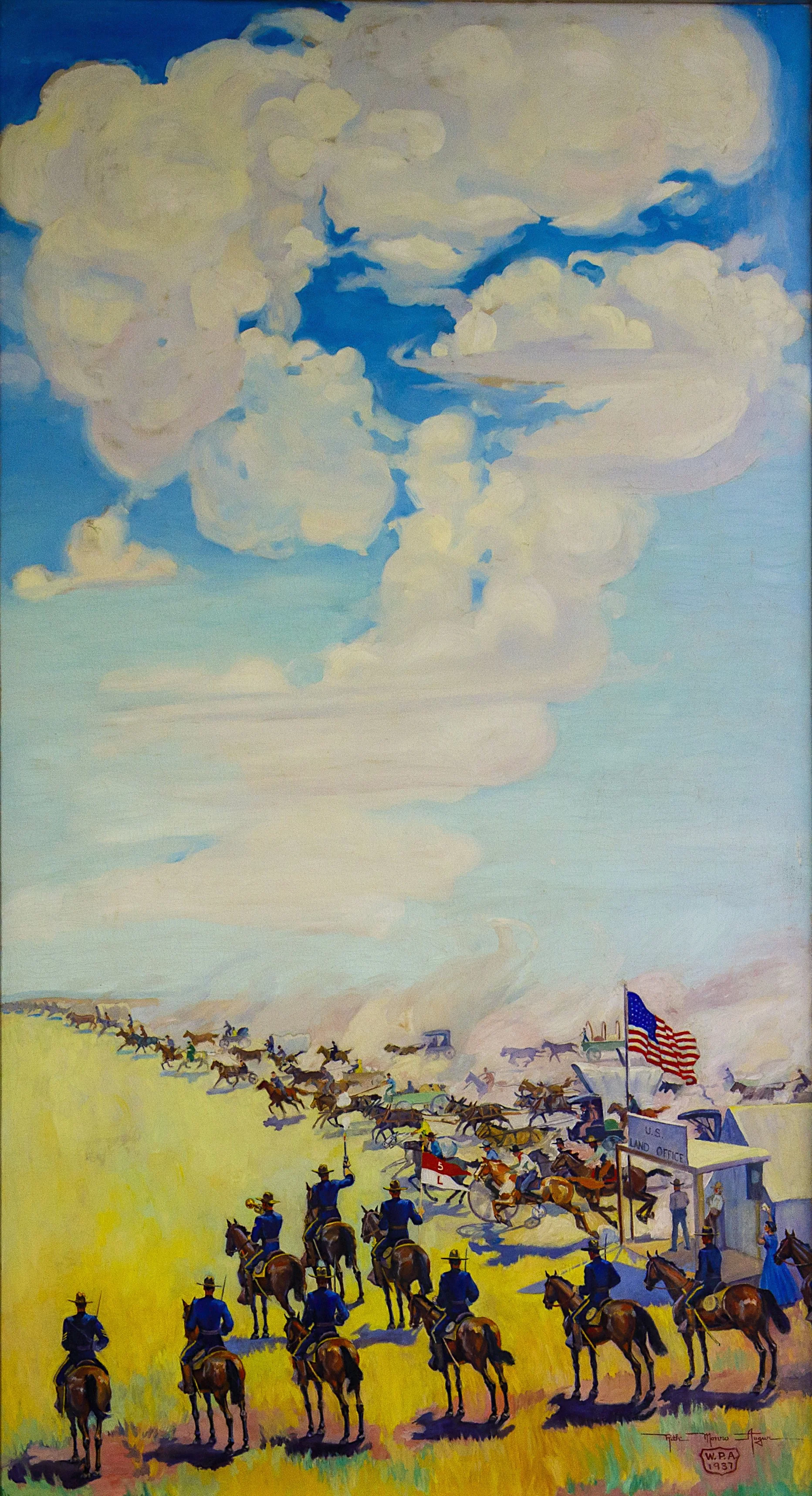 A painting of a historical scene with soldiers on horseback in front of a U.S. Land Office, American flag flying, and a convoy of wagons and horses moving across a grassy field under a bright, cloudy sky.
