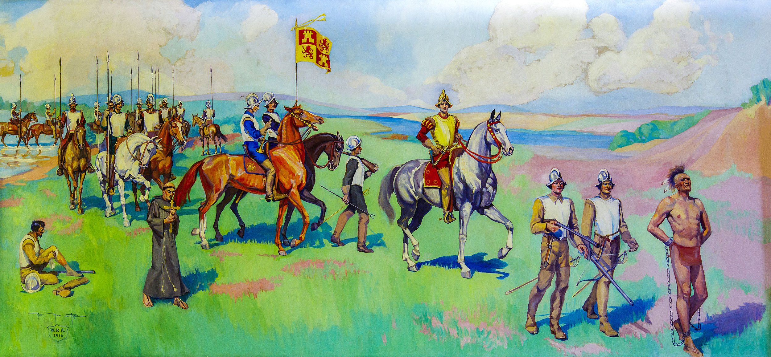 A colorful mural depicting a historical scene of soldiers and Indigenous people. The soldiers are on horseback, dressed in traditional uniforms with weapons, accompanied by attendants. An Indigenous man is chained, standing next to two armed men, with a scenic landscape of water, hills, and cloudy sky in the background.