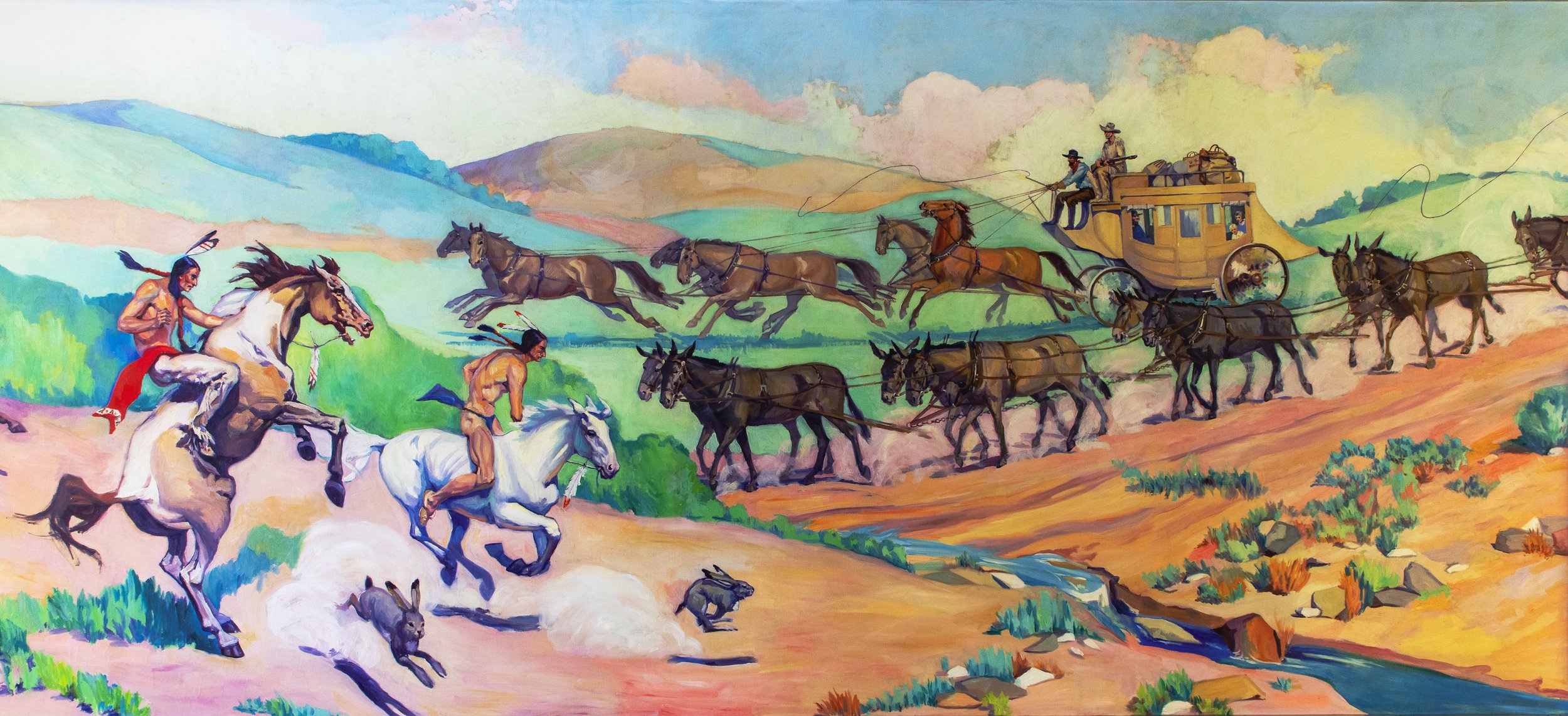 Colorful painting of the American West featuring Native Americans on horseback chasing a herd of animals with a covered wagon in the background and mountainous landscape.  A Ruth Monro Augur WPA mural.
