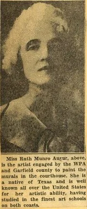 Black and white photograph of Miss Ruth Munro August, shown in a vintage photo, with styled short blonde hair, wearing a dark top with a bow at the collar, in a portrait pose.