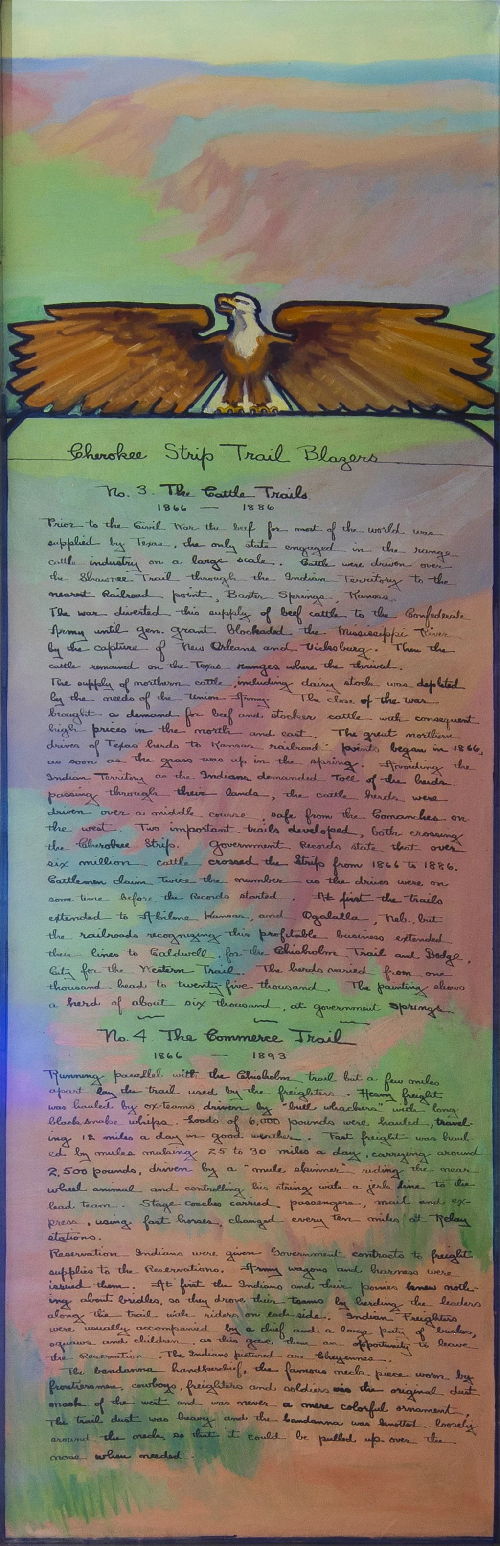 Colorful watercolor painting of a landscape with purple, pink, blue, and green mountains in the background. In the foreground, an illustrated eagle with outstretched wings stands over handwritten notes about the Cherokee Strip Trail, No. 3 and No. 4, with red, blue, and black ink.