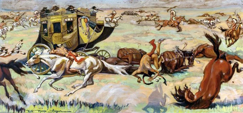 A scene of a wild west horse race with a stagecoach being chased by galloping horses on an open plain.