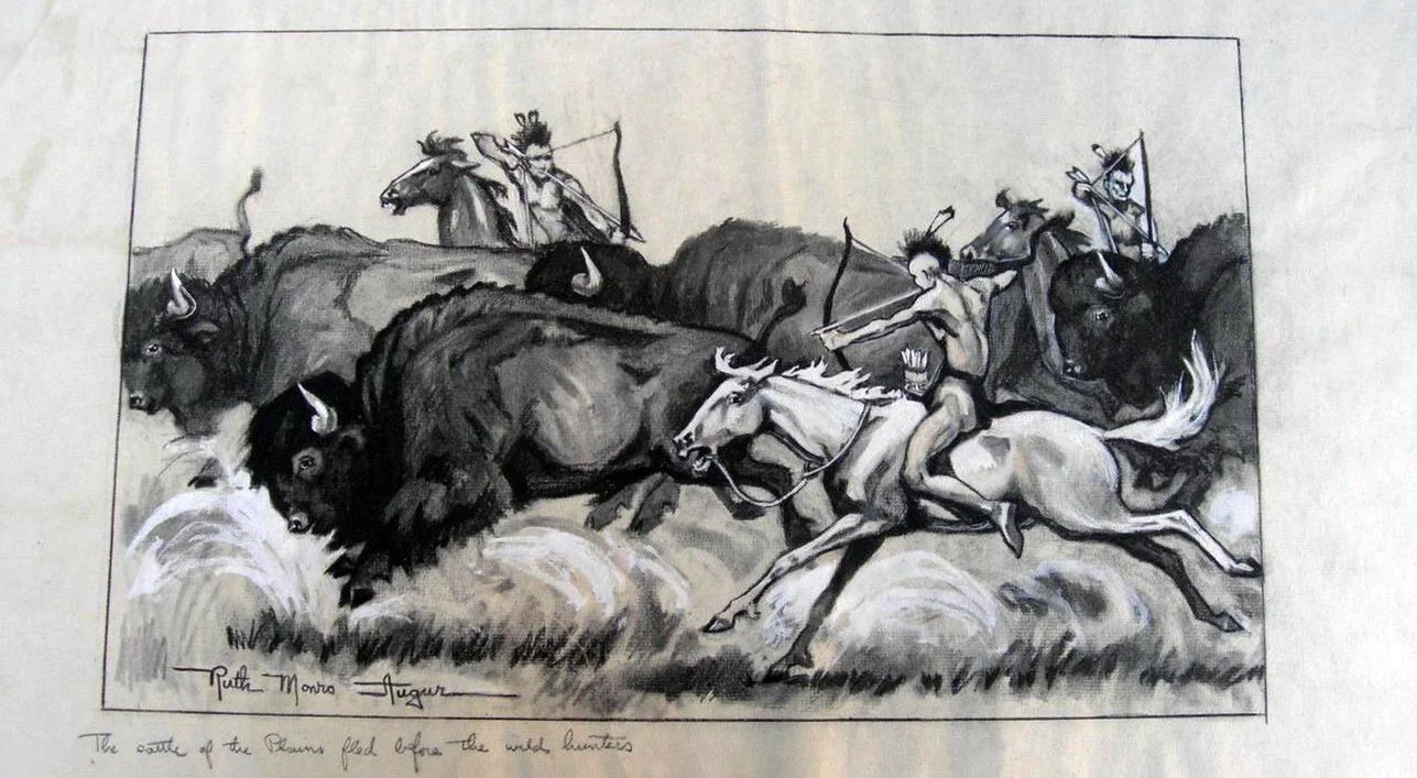 Drawing of Native Americans on horseback hunting buffalo in a grassy landscape.