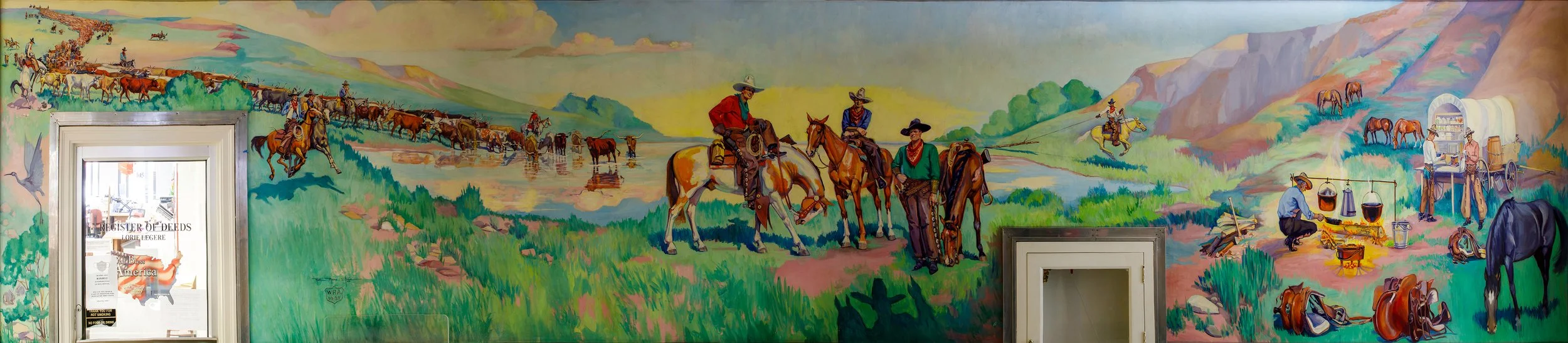 Colorful mural depicting cowboys herding cattle, riding horses in a mountain landscape, and engaging in outdoor activities.  Ruth Monro Augur WPA artwork.