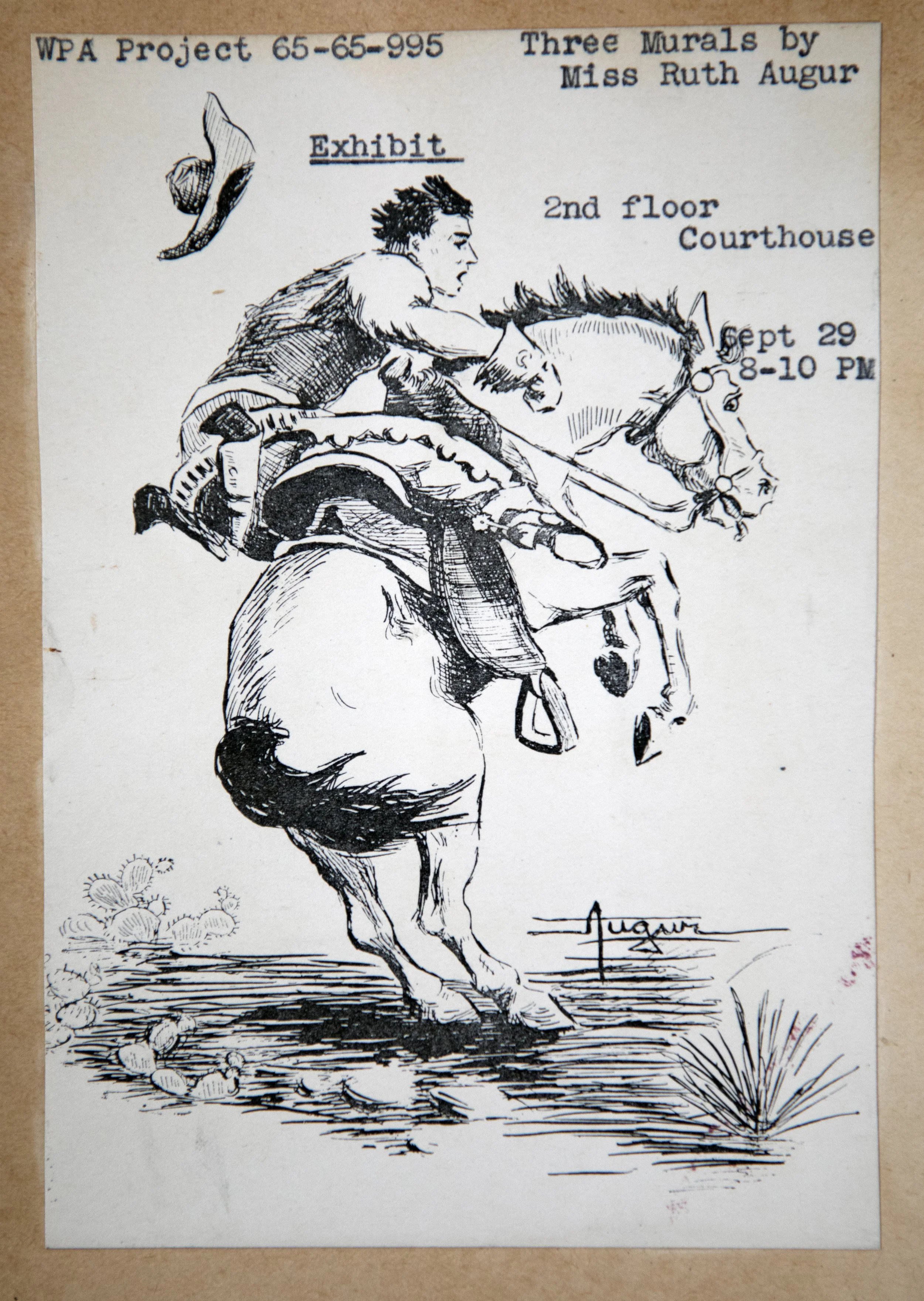 A black and white line drawing of a jockey riding a horse, with a hat flying in the air nearby, on a poster for an exhibition of three murals by Miss Ruth Augur, held on September 29 from 8 to 10 PM at the second floor of the Courthouse, for a WPA project.
