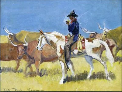 A painting of a cowboy on a white horse wearing a blue shirt, hat, and smoking a pipe, surrounded by cattle in a grassy field.