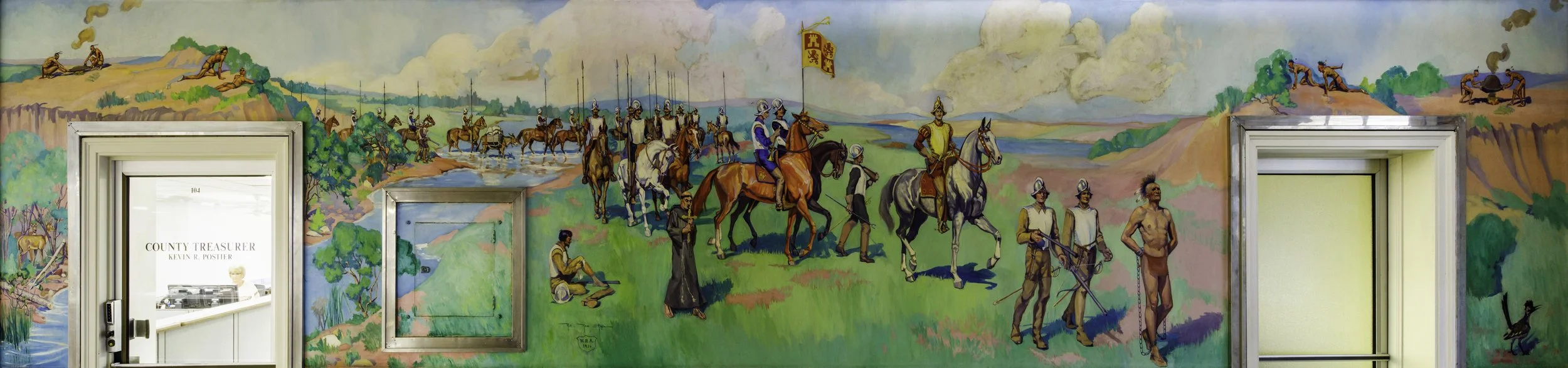 Colorful mural depicting historical scenes of soldiers on horseback, soldiers on foot, and men working and resting in a rural landscape,  painted by Ruth Monro Augur, WPA Art.