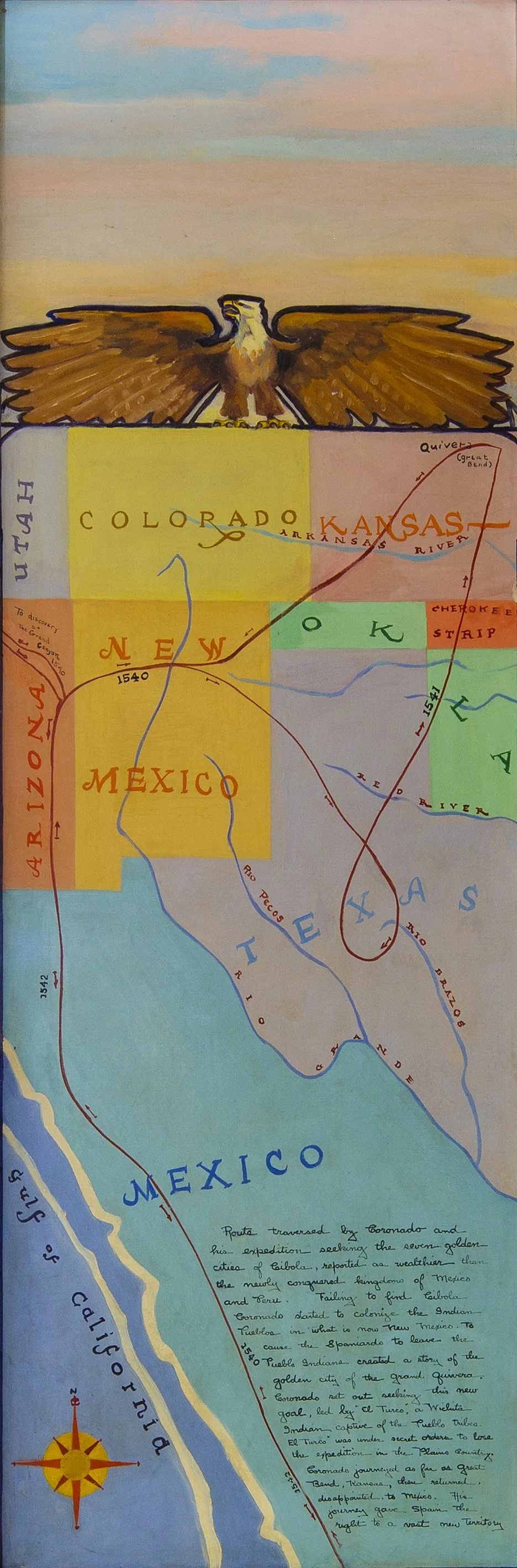 Map showing the exploration route of Coronado and his expedition through parts of present-day Colorado, Kansas, New Mexico, Texas, and California, with a drawing of an eagle and a decorative compass rose.