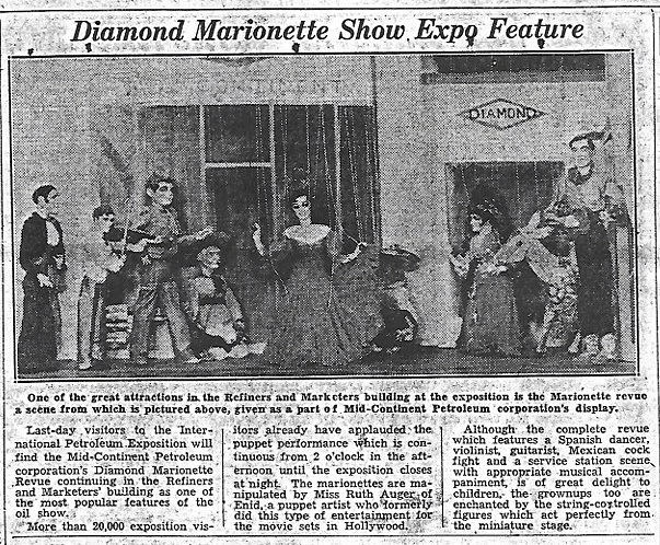 Vintage black and white photograph of a Marionette show at the Diamond Marionette Show Expo, with performers and children on stage, and a banner reading 'Diamond' in the background.