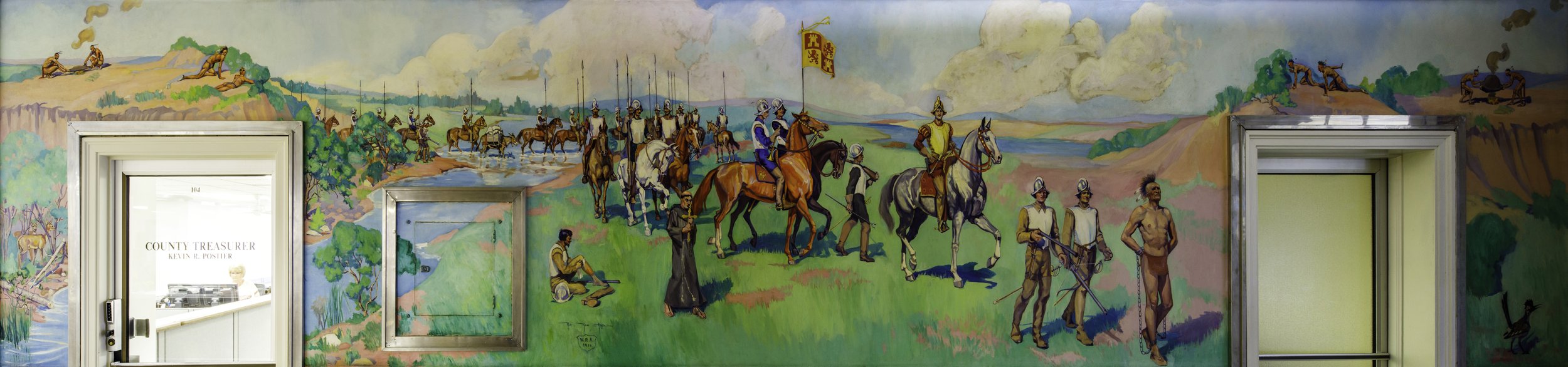 Colorful mural depicting a historical scene of Native Americans and explorers on horseback and walking, with river, hills, and clouds in background.