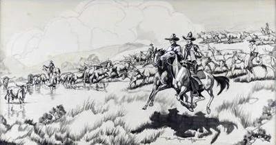 A black and white illustration of a western scene with cowboys herding cattle across a landscape, with some on horseback and others on foot.