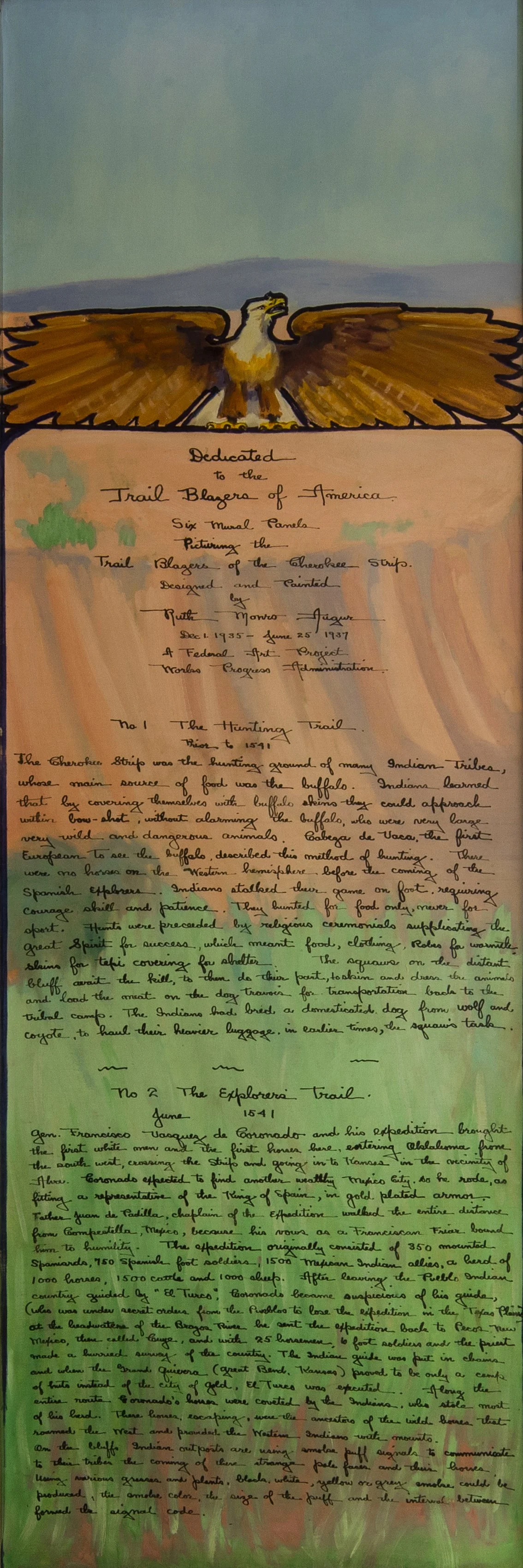 Handwritten document titled "Dedicated to the Trail Blazers of America." It describes six mural panels of Native American tribes, including the Cherokee strip, and the exploration trail from 1541, with green highlighting on certain lines.