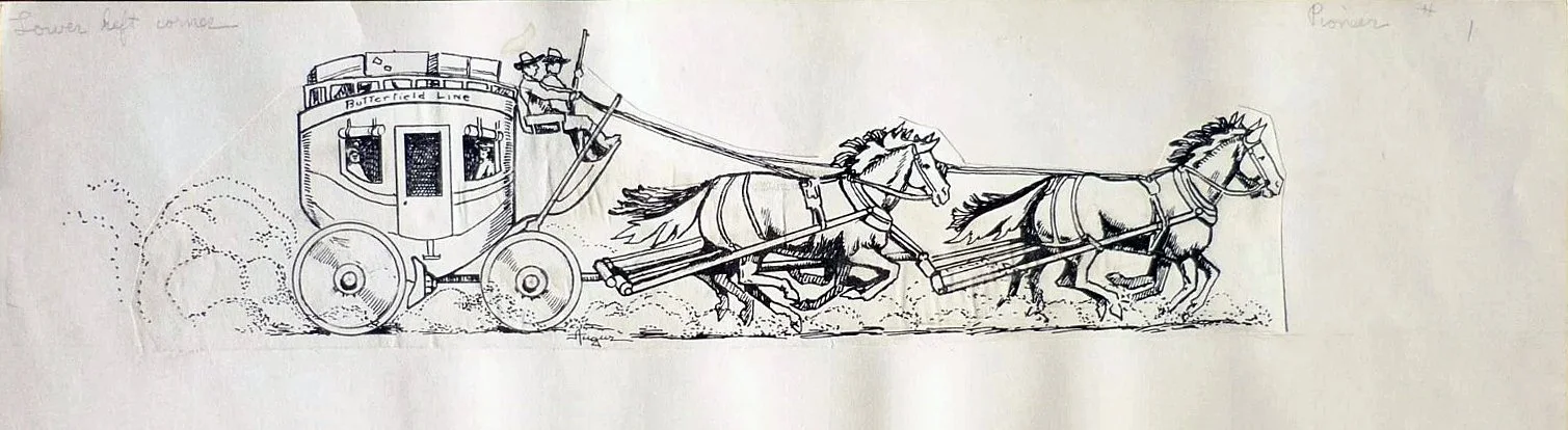 Ruth Monro Augur Hand-drawn sketch of a horse-drawn carriage being pulled by four horses.