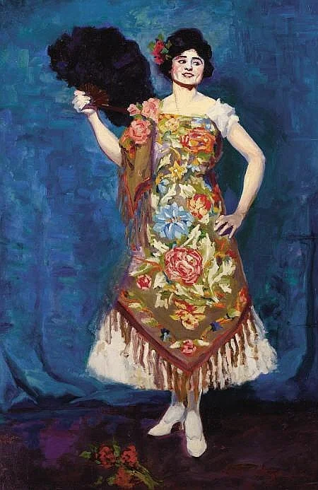 Painting of a woman in traditional dress holding a fan with dark hair, standing against a blue background.